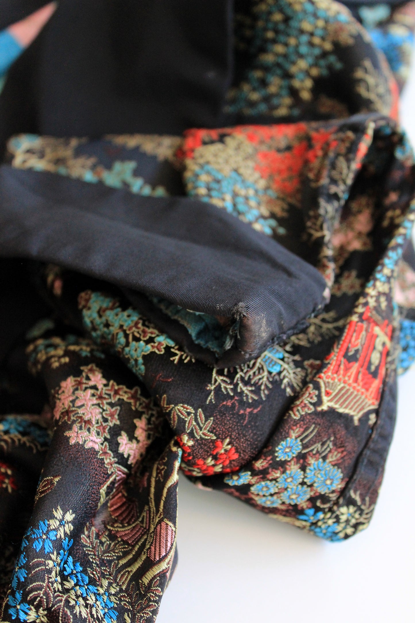 1950s Black Silk Robe With Chinese Flowers Motif, Medium