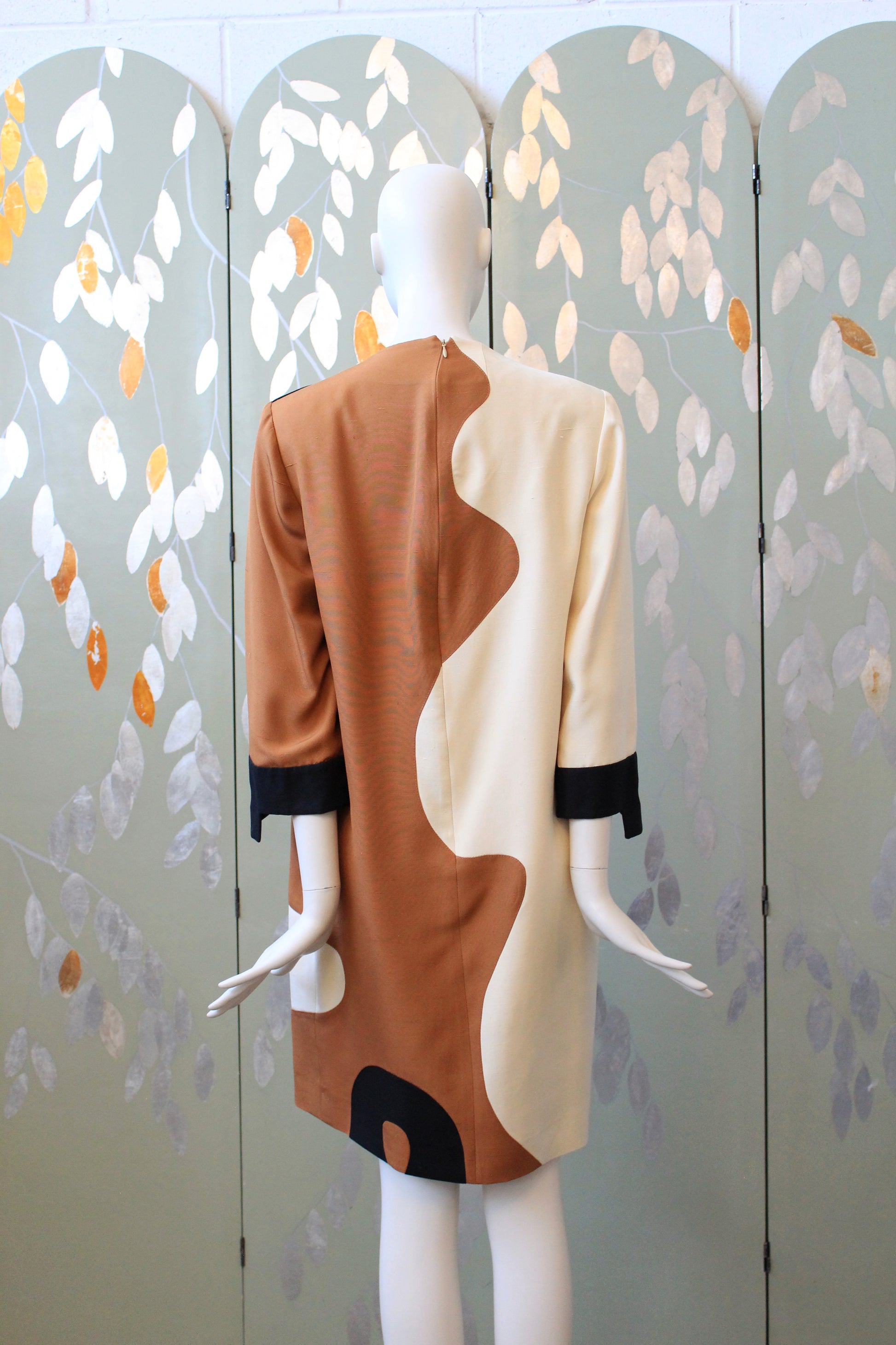 1980s Brown and Cream Graphic Colour Block Shift Dress, Medium