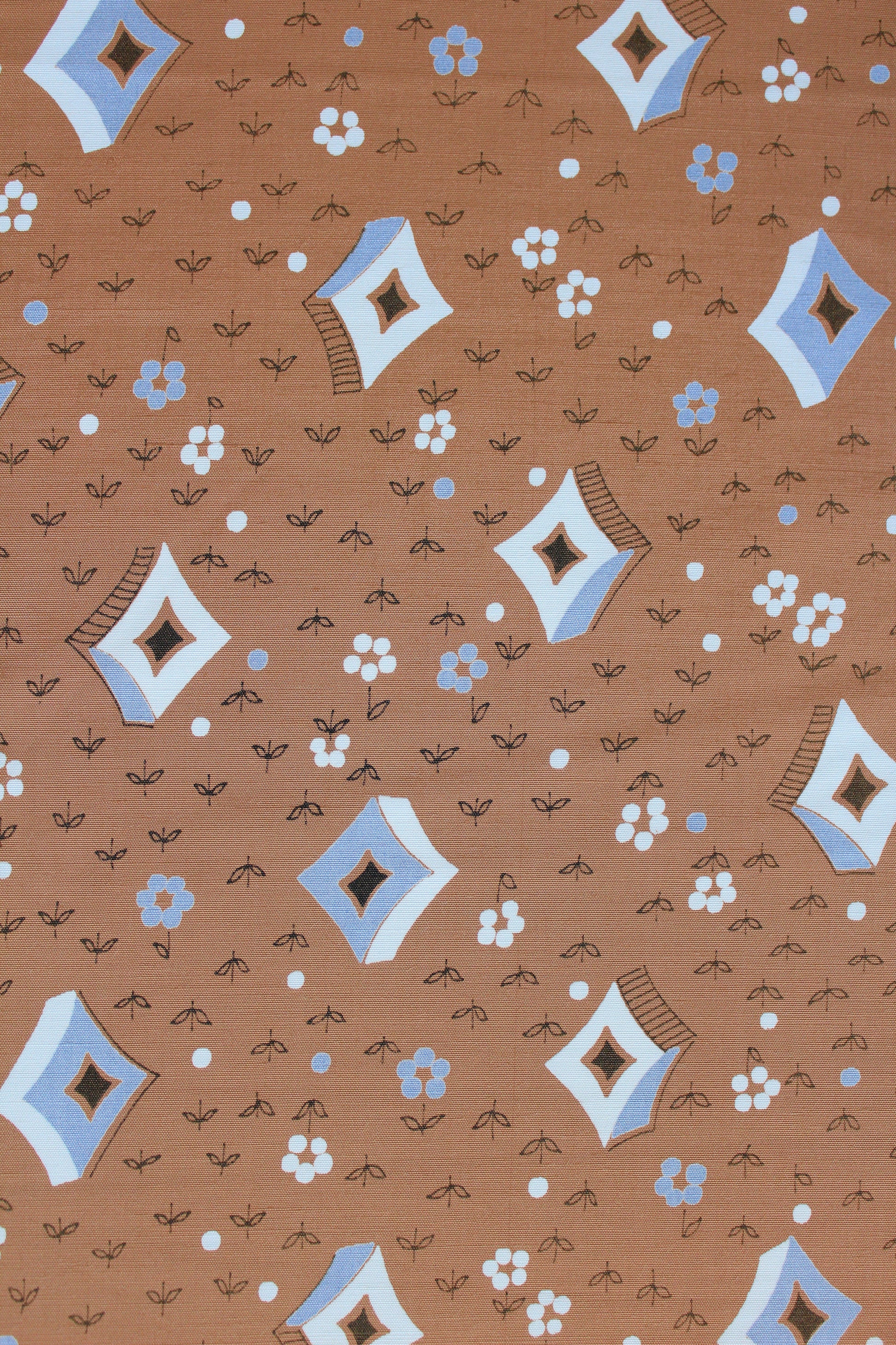 1940s Brown Abstract Square/Diamond And Floral Print Rayon  Fabric, 4 Yards