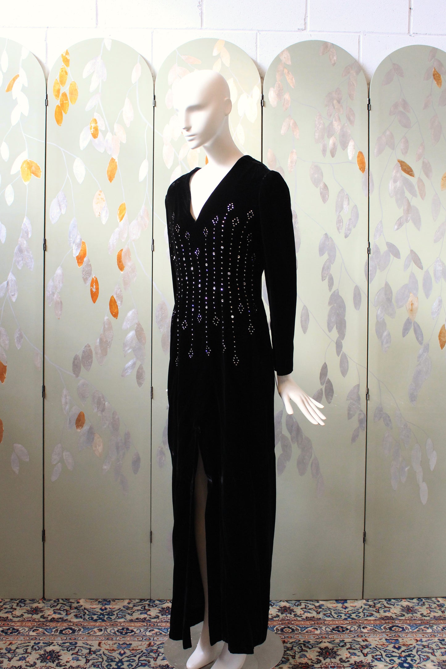 Vintage 1990s Oscar De La Renta Black Velvet Bedazzled Long Sleeve Evening Dress, S/M