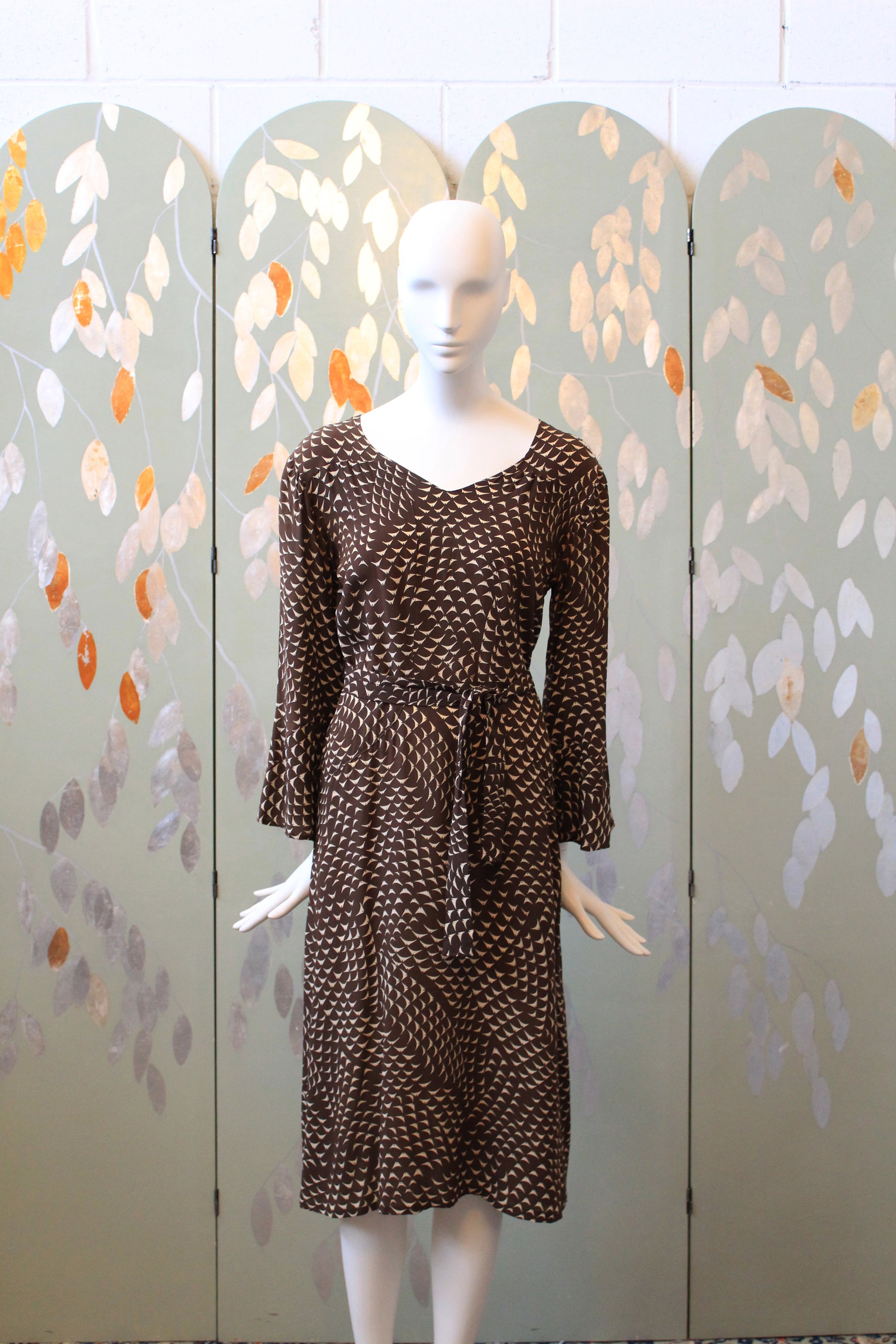 Vintage 1930s Brown Silk Day Dress with Cream Abstract Print, XS