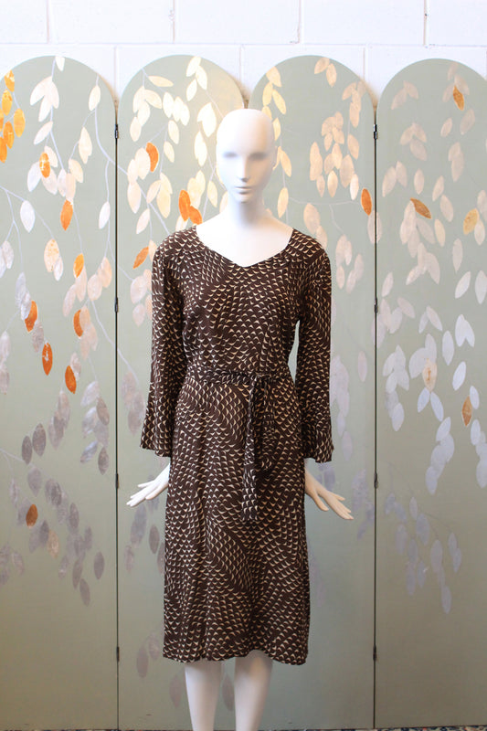Vintage 1930s Brown Silk Day Dress with Cream Abstract Print, XS
