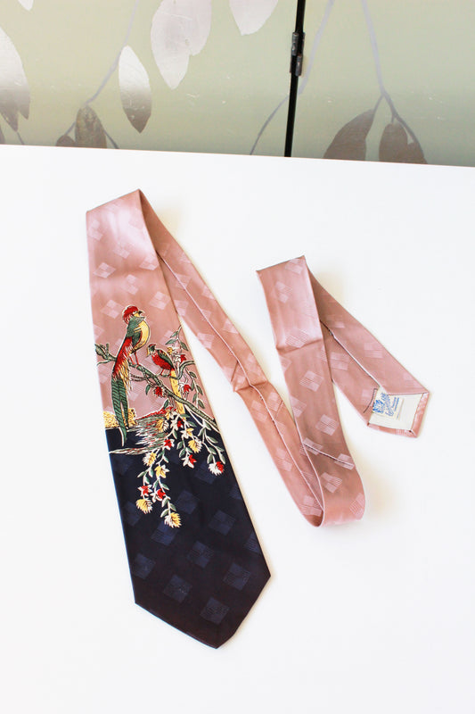 Vintage 1940s Pale Rose And Navy Tie featuring A Pheasant, Rayon