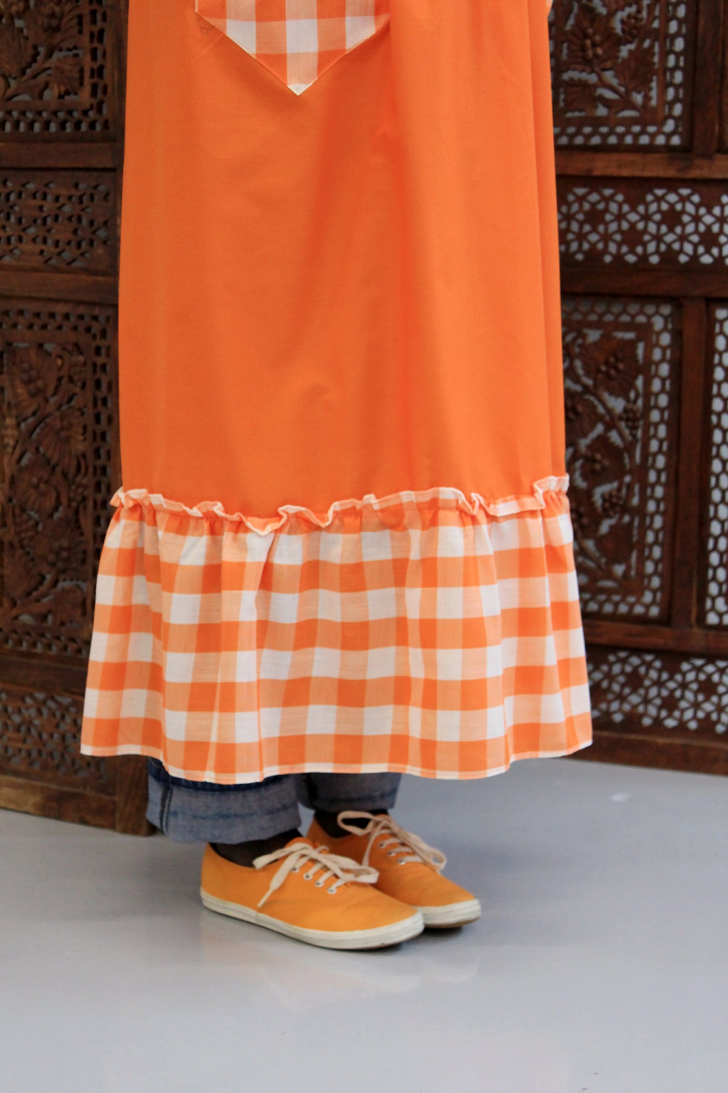 Vintage 1970s Orange Gingham Pinafore Apron with Ruffles, Medium