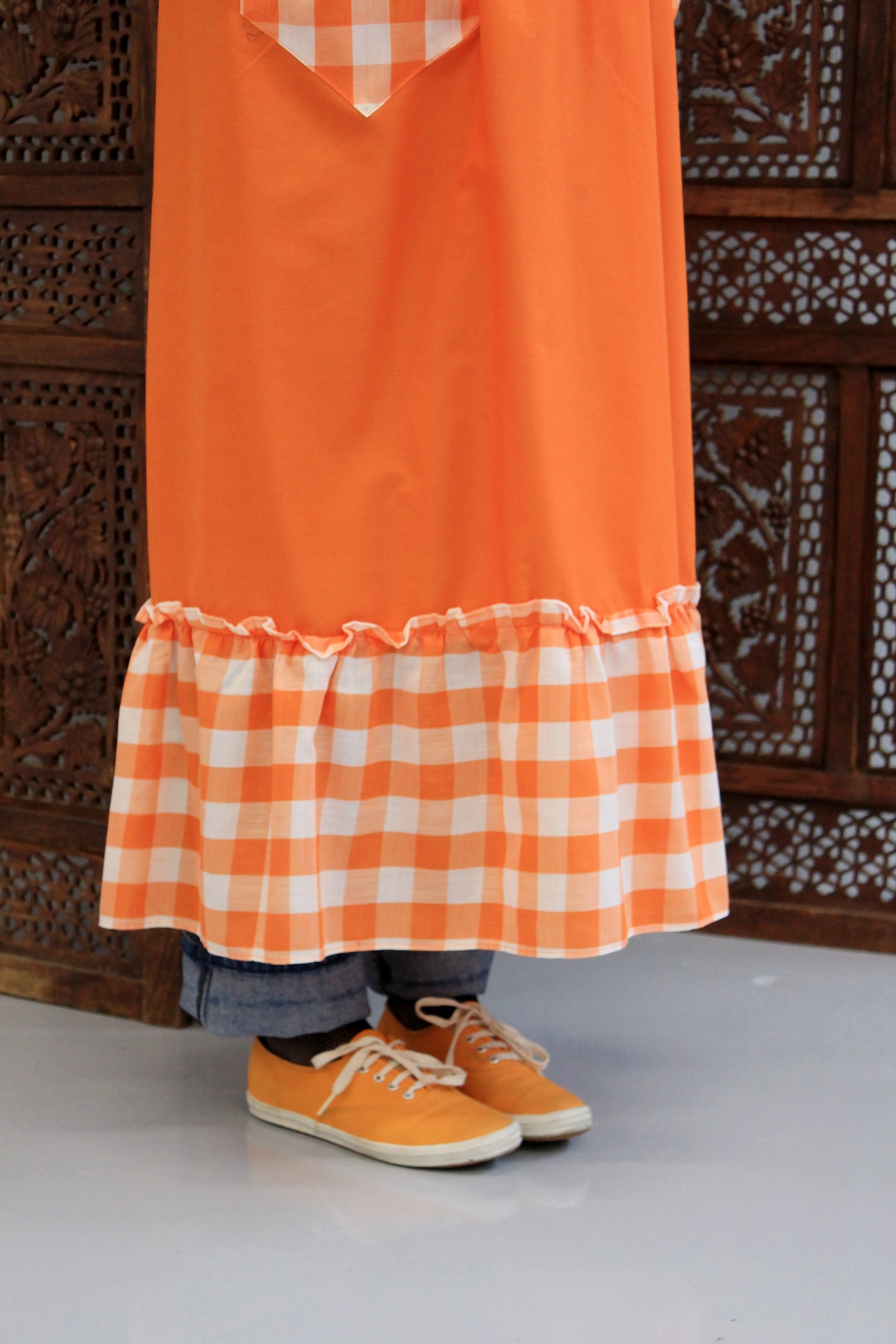 Vintage 1970s Orange Gingham Pinafore Apron with Ruffles, Medium