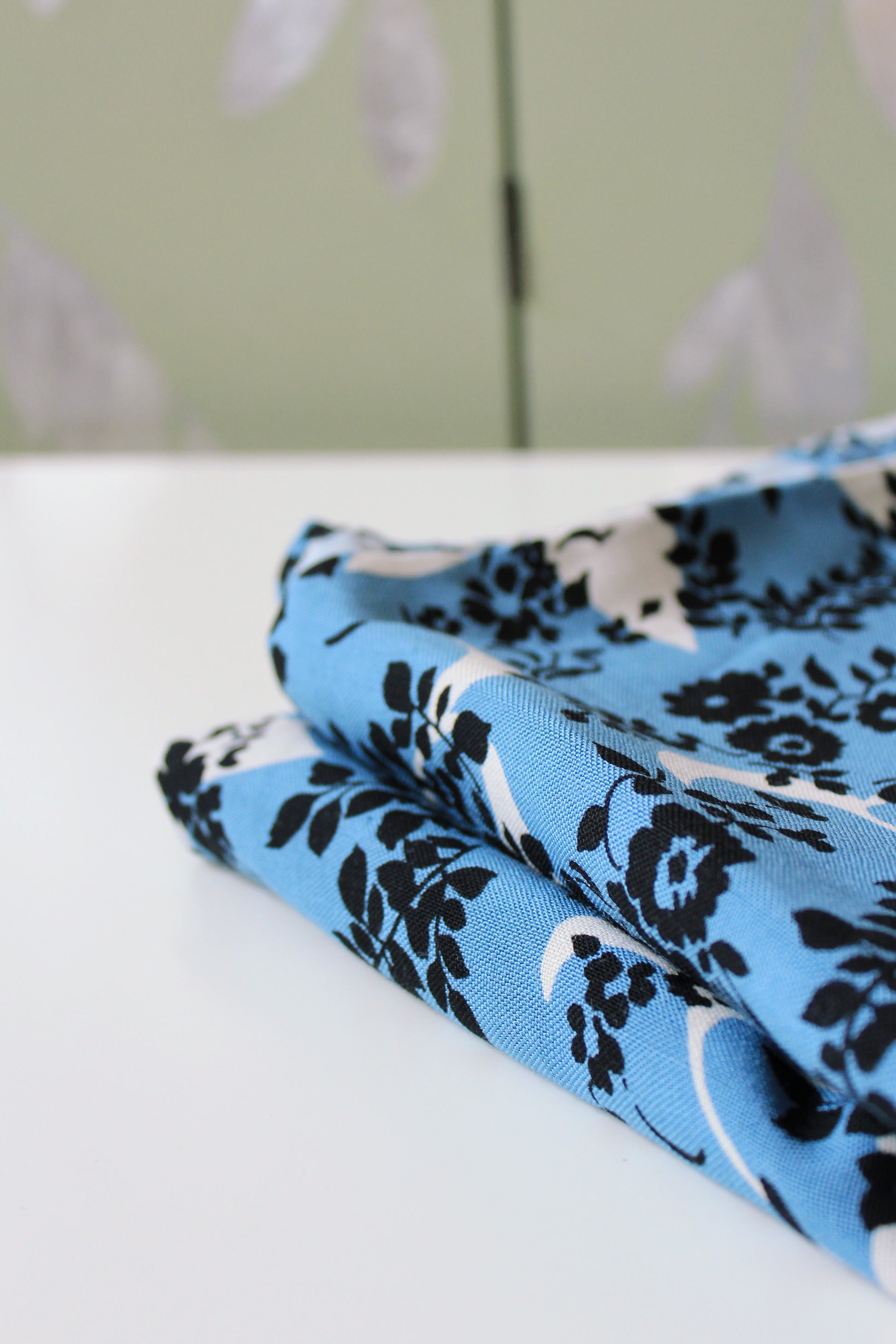 1950s Black and Medium Blue Silhouette Leaves And Flowers, Cotton/Rayon Fabric,  4 Yards