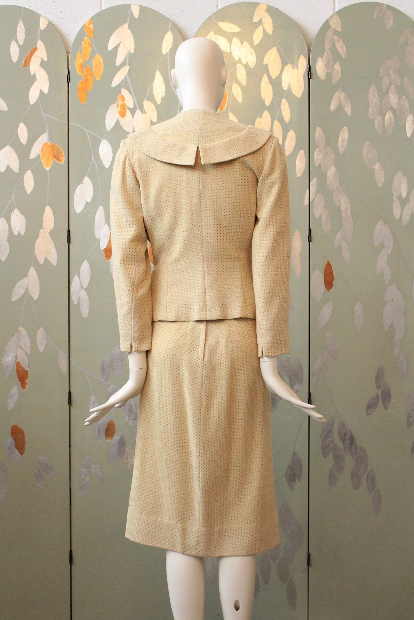 Vintage 1950s Cream and Brown Dot Skirt Suit Set With Leaf Embellishment, XS