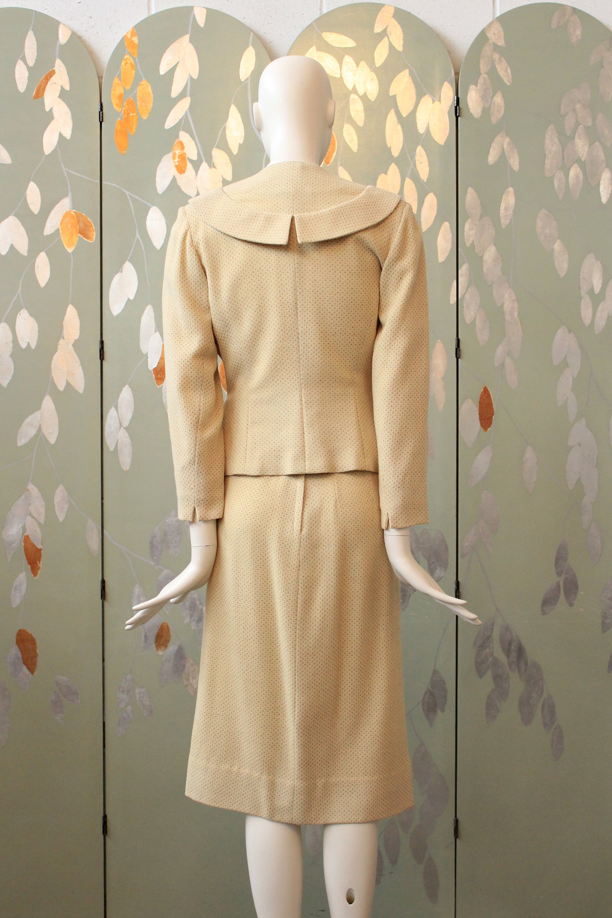 Vintage 1950s Cream and Brown Dot Skirt Suit Set With Leaf Embellishment, XS
