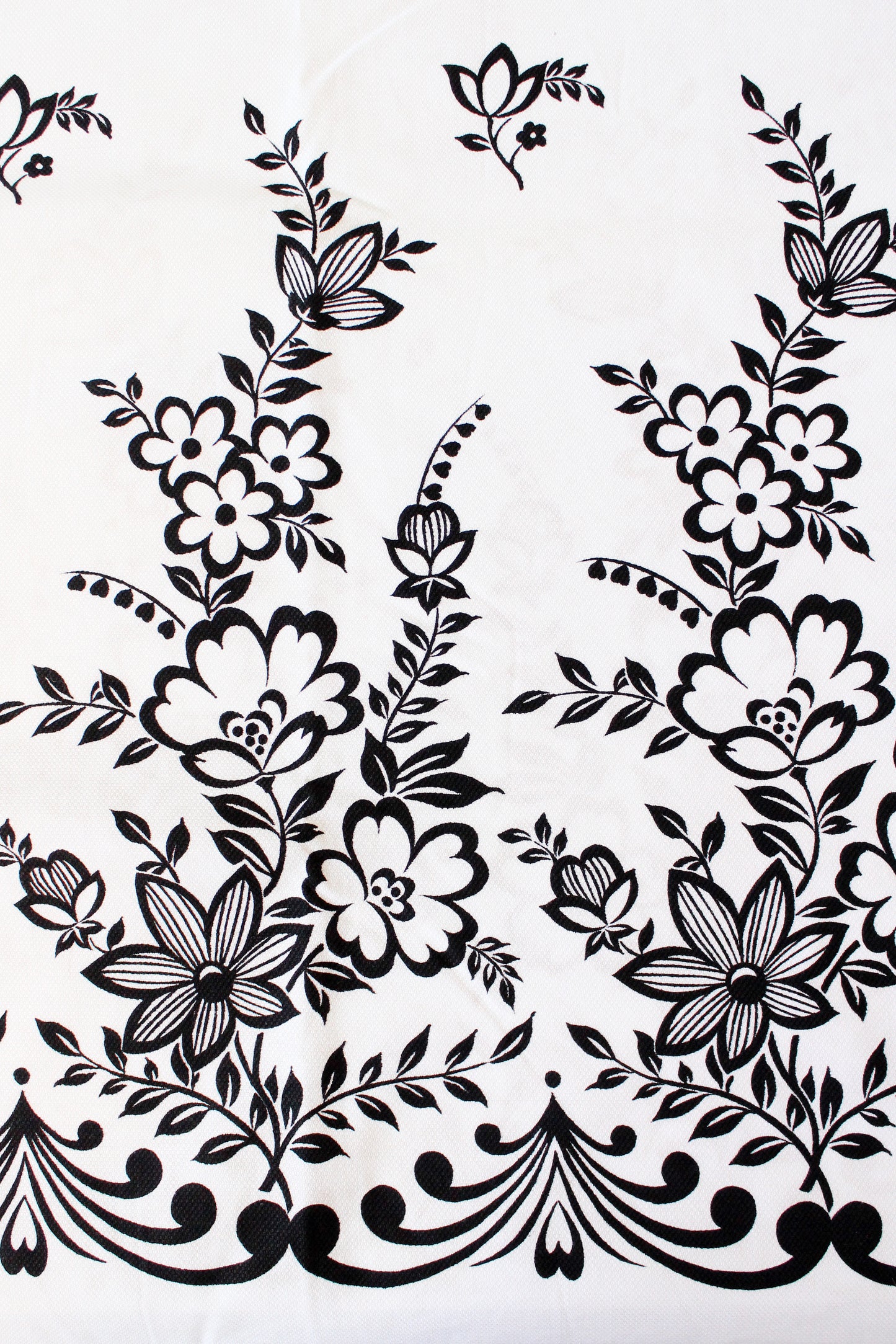1980s Black And White Large Illustrated Floral Border Print Fabric, 3.9 Yards