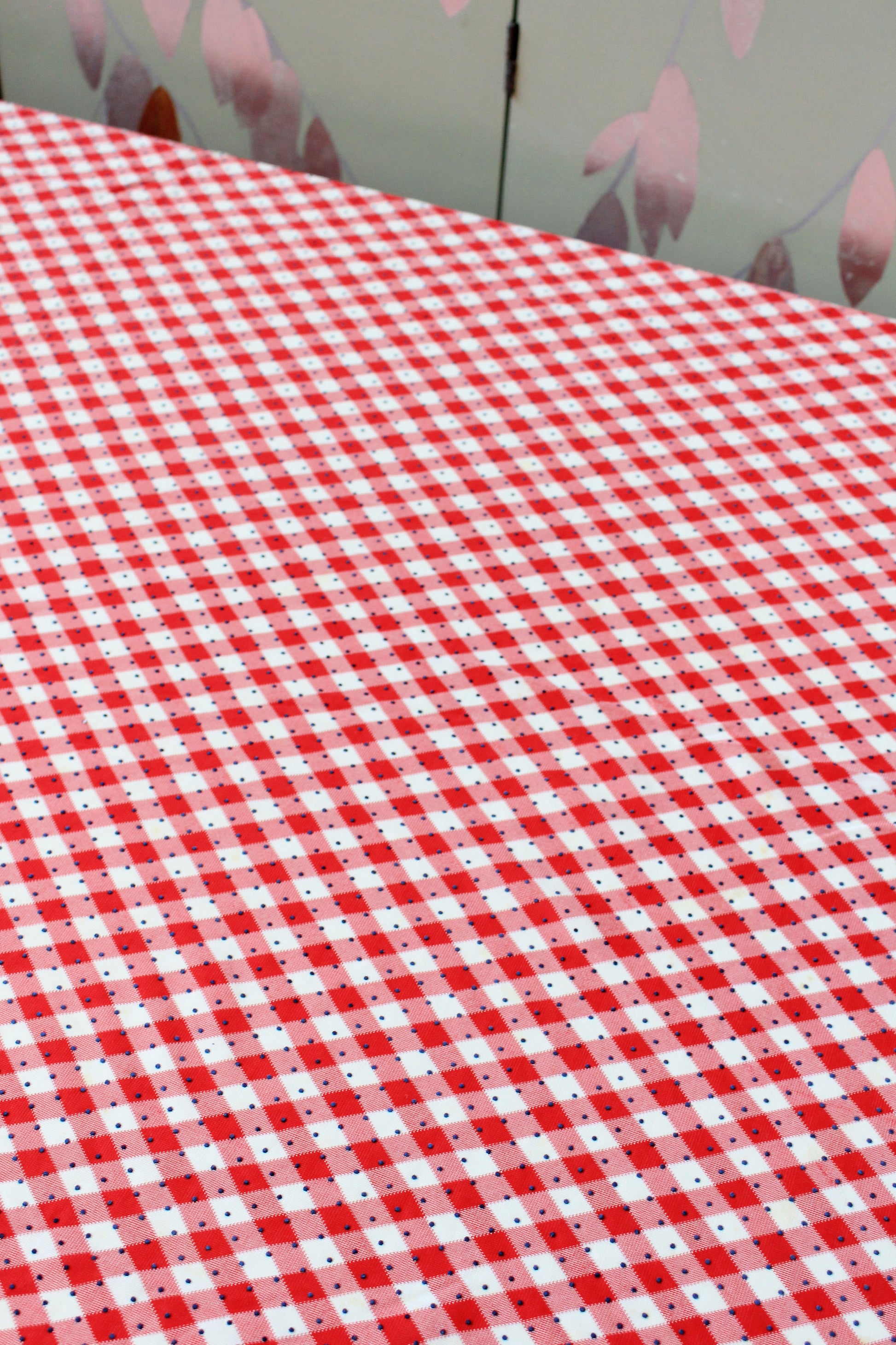 1960s Red And White Checkered Plaid With Blue Polka Dots Nylon Vintage Print Fabric, 3.8 Yards