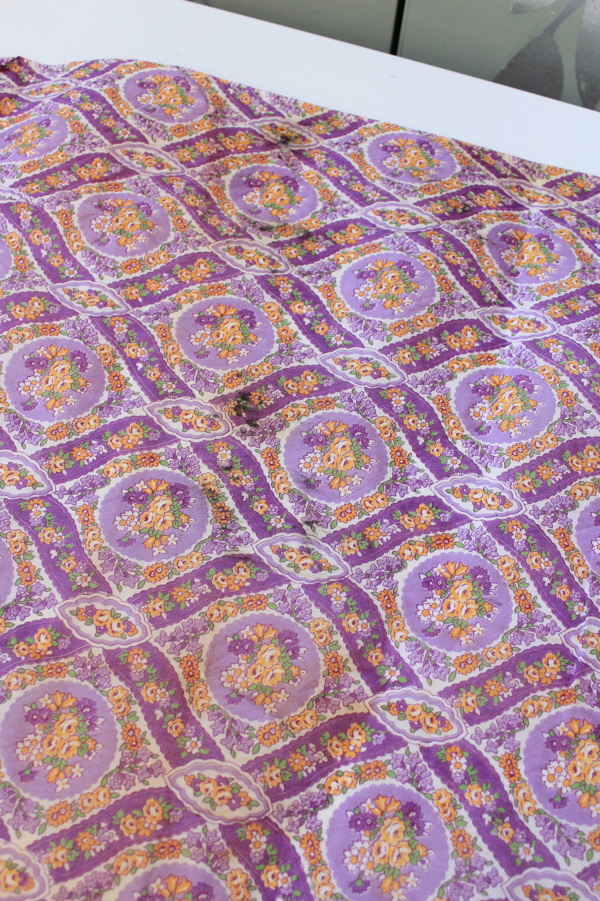 1930s Purple Cotton Sewing Fabric With Orange Flowers , 3.4 Yards