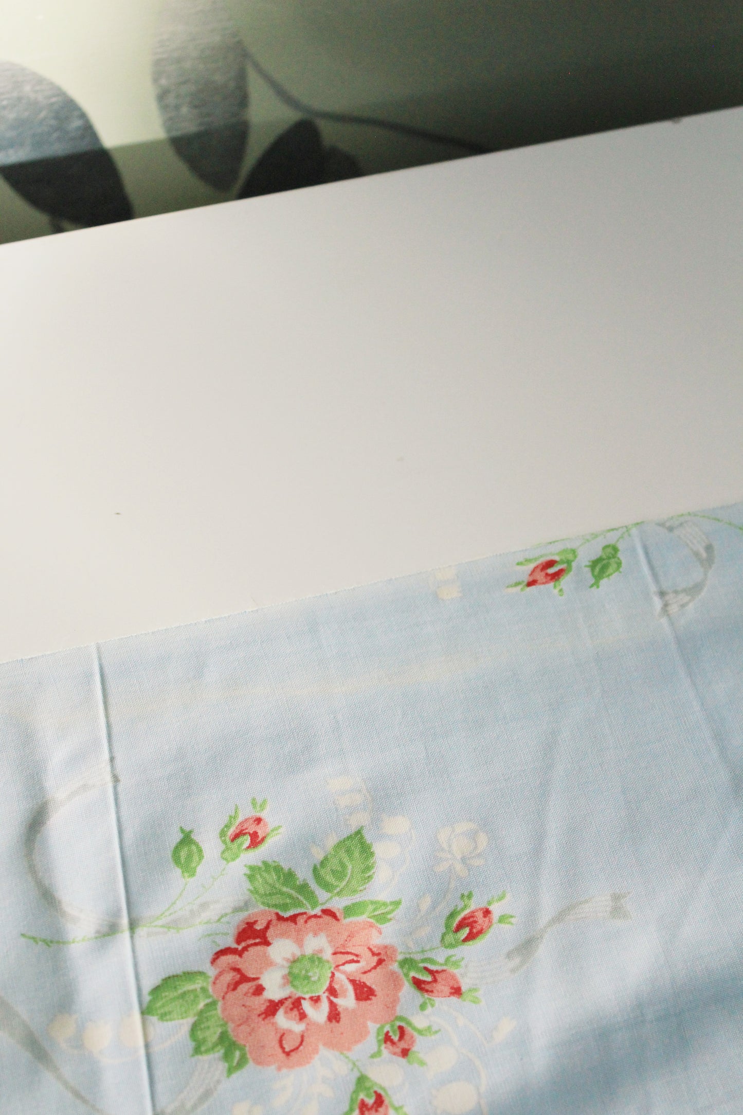 1940s Light Blue Cotton Fabric With Pink Flowers, 9 Yards