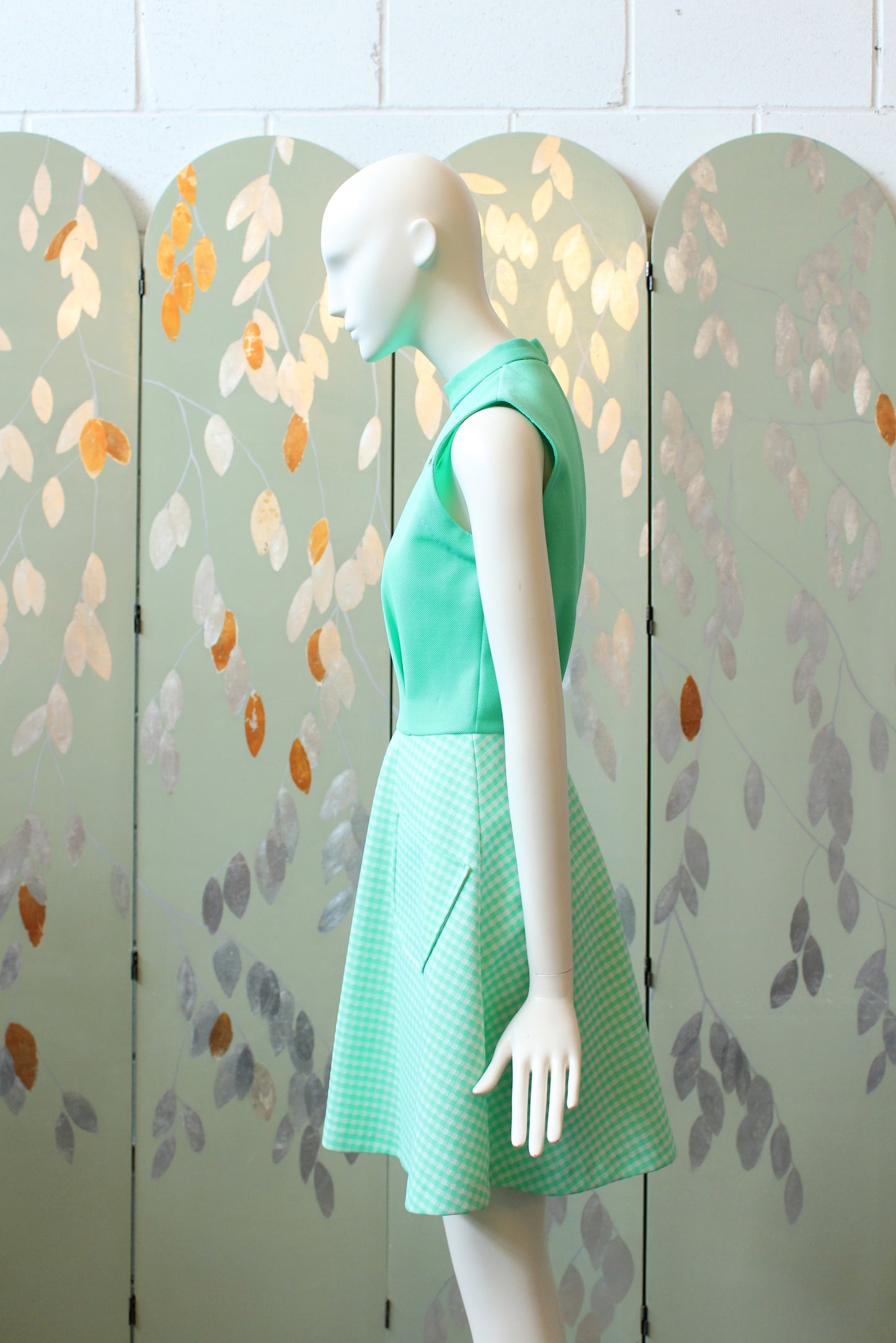 1970s Lacoste Bright Green Sleeveless Tennis Dress With Flared Gingham Skirt, Small