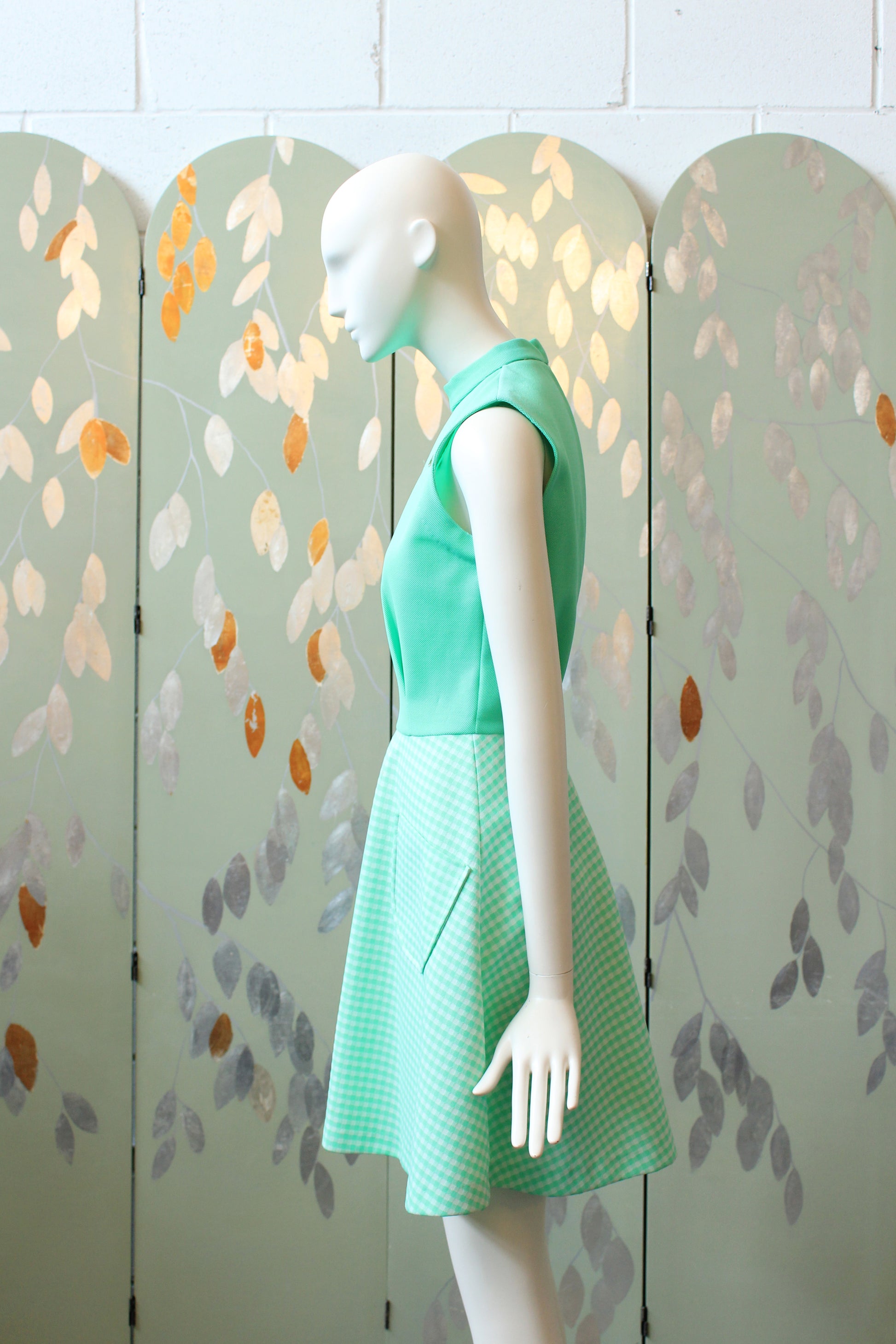 1970s Lacoste Bright Green Sleeveless Tennis Dress With Flared Gingham Skirt, Small