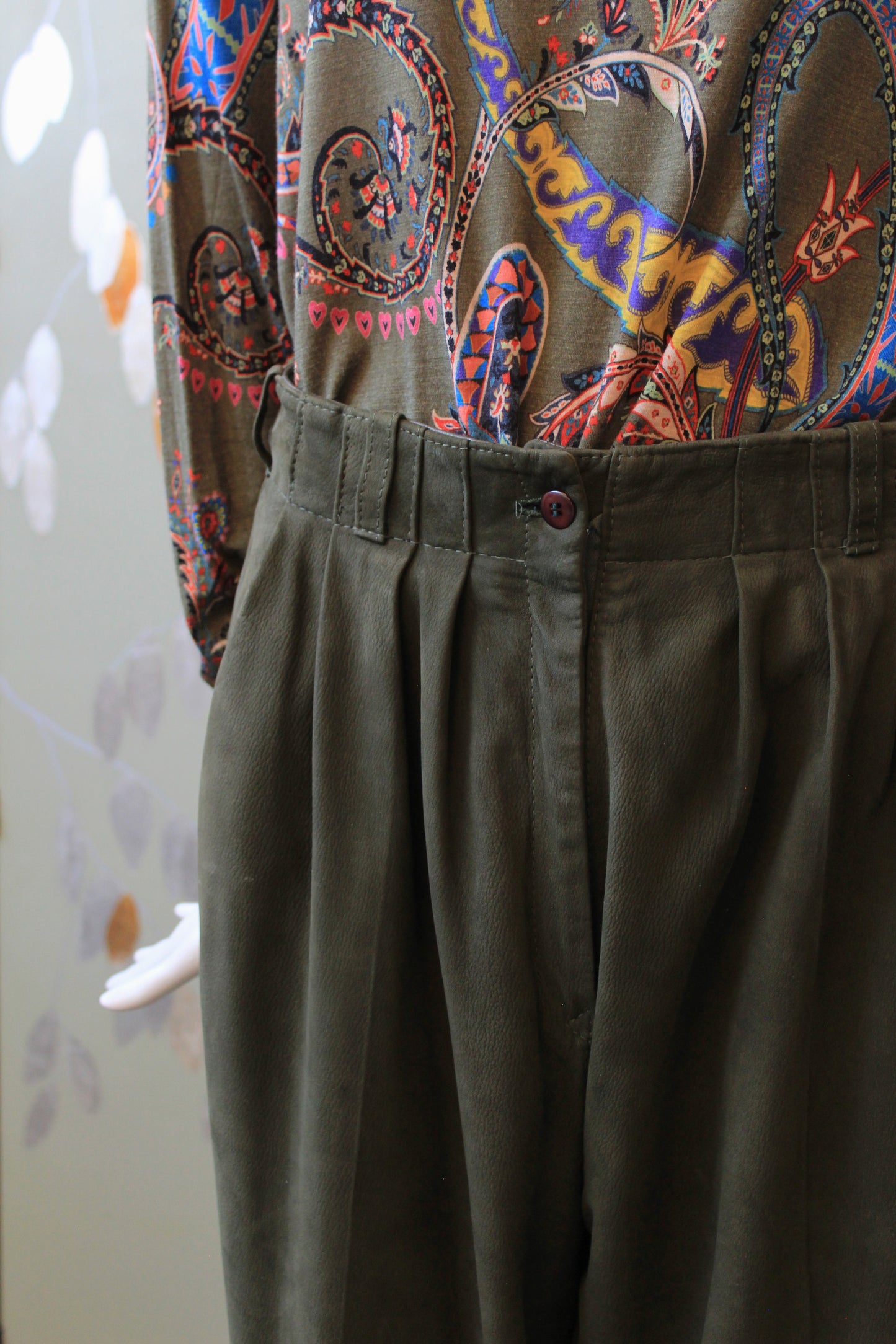 1980s Leather Paperbag Style Pants In Olive Green, Medium