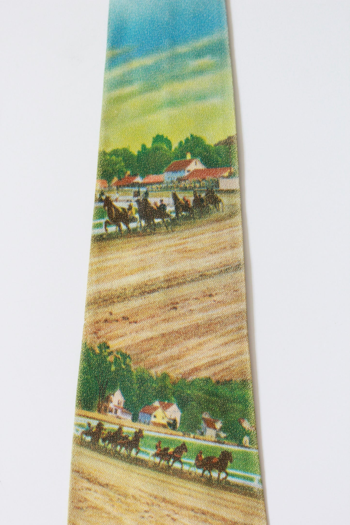 Vintage 1950s Rayon Horse Race Photo Print Tie, Mid Century 