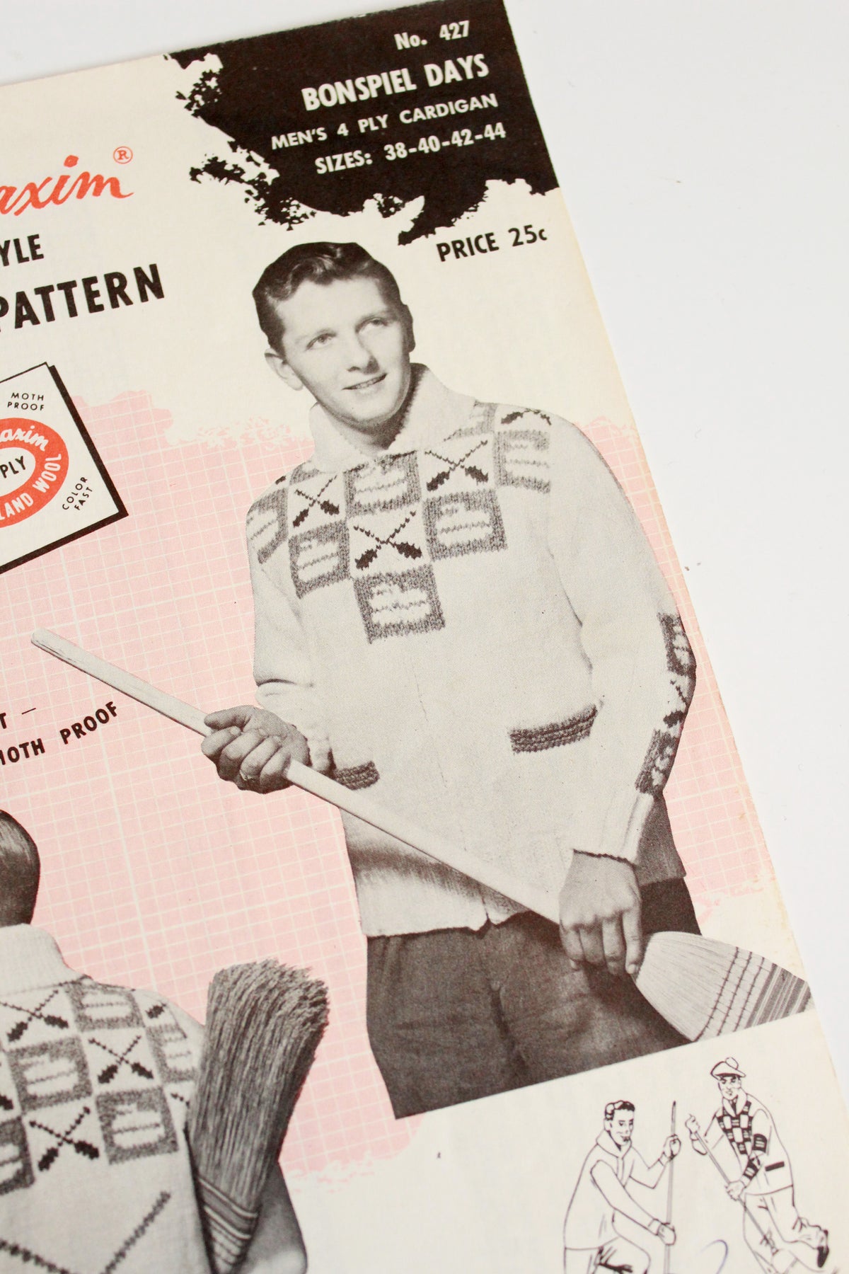 1950s Mary Maxim Mens 4 ply Kitting Pattern 427, Curling Cardigan