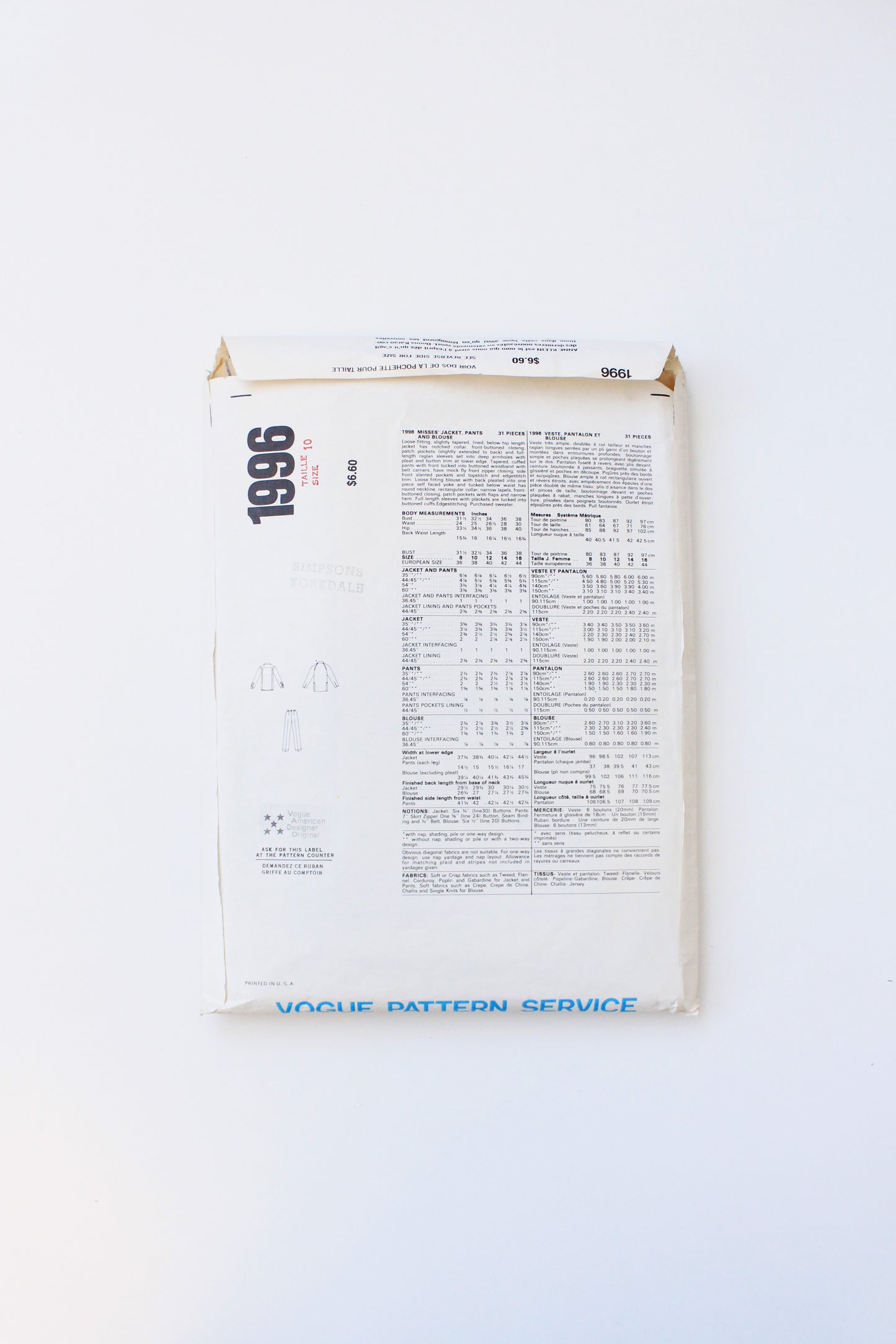 1970s Pant And Jacket Vogue American Designer 1996 Sewing Pattern, Anne Klein, Partially Cut-Complete Size 10