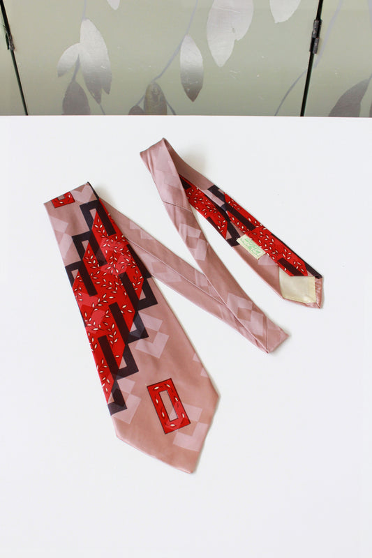 Vintage 1950s Abstract Rayon Tie in  Pale Rose Pink/Red/Black, PILGRIM Cravats