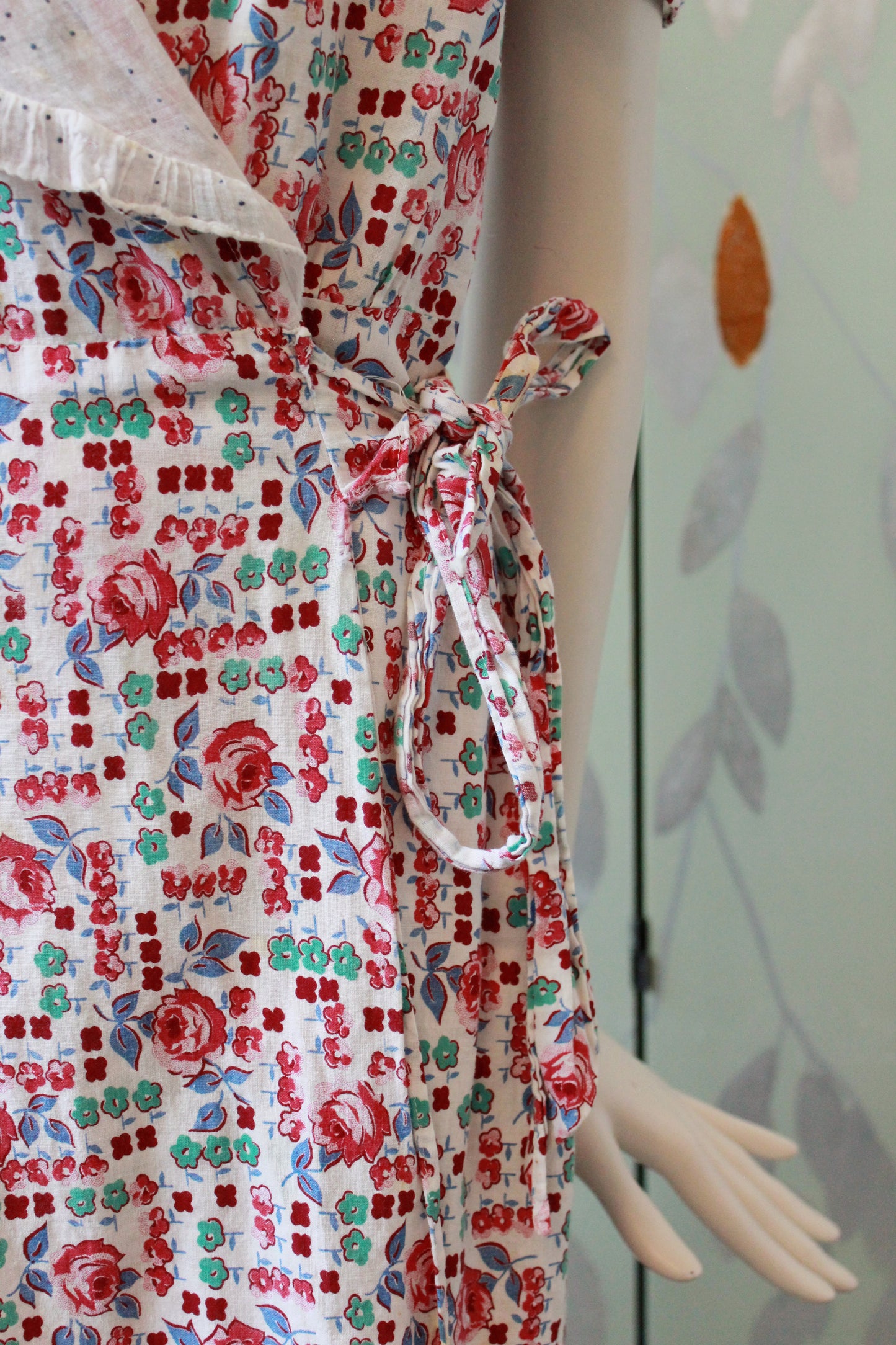 1940s  Floral Cotton Wrap House Dress With Embroidery, Medium