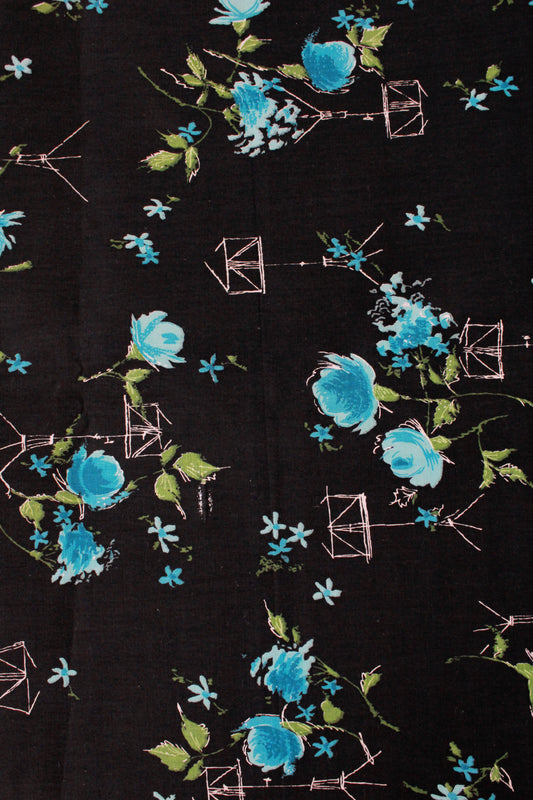 Vintage 1950s Black And Neon Blue Floral Print Cotton Flowers, 4.2 Yards