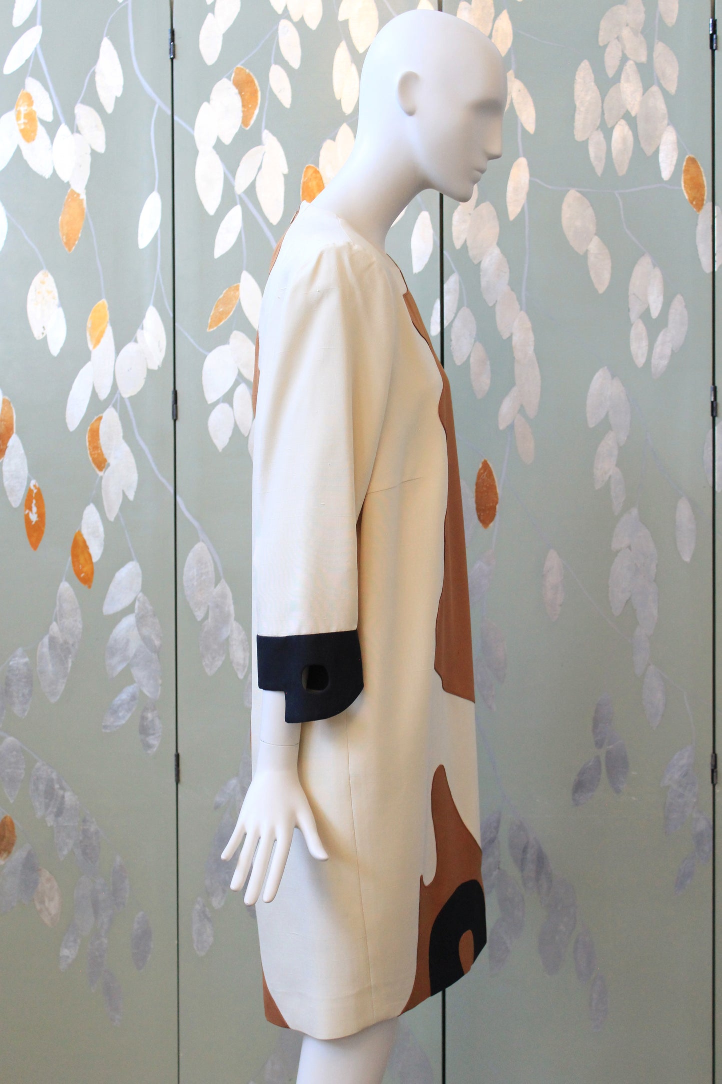 1980s Brown and Cream Graphic Colour Block Shift Dress, Medium