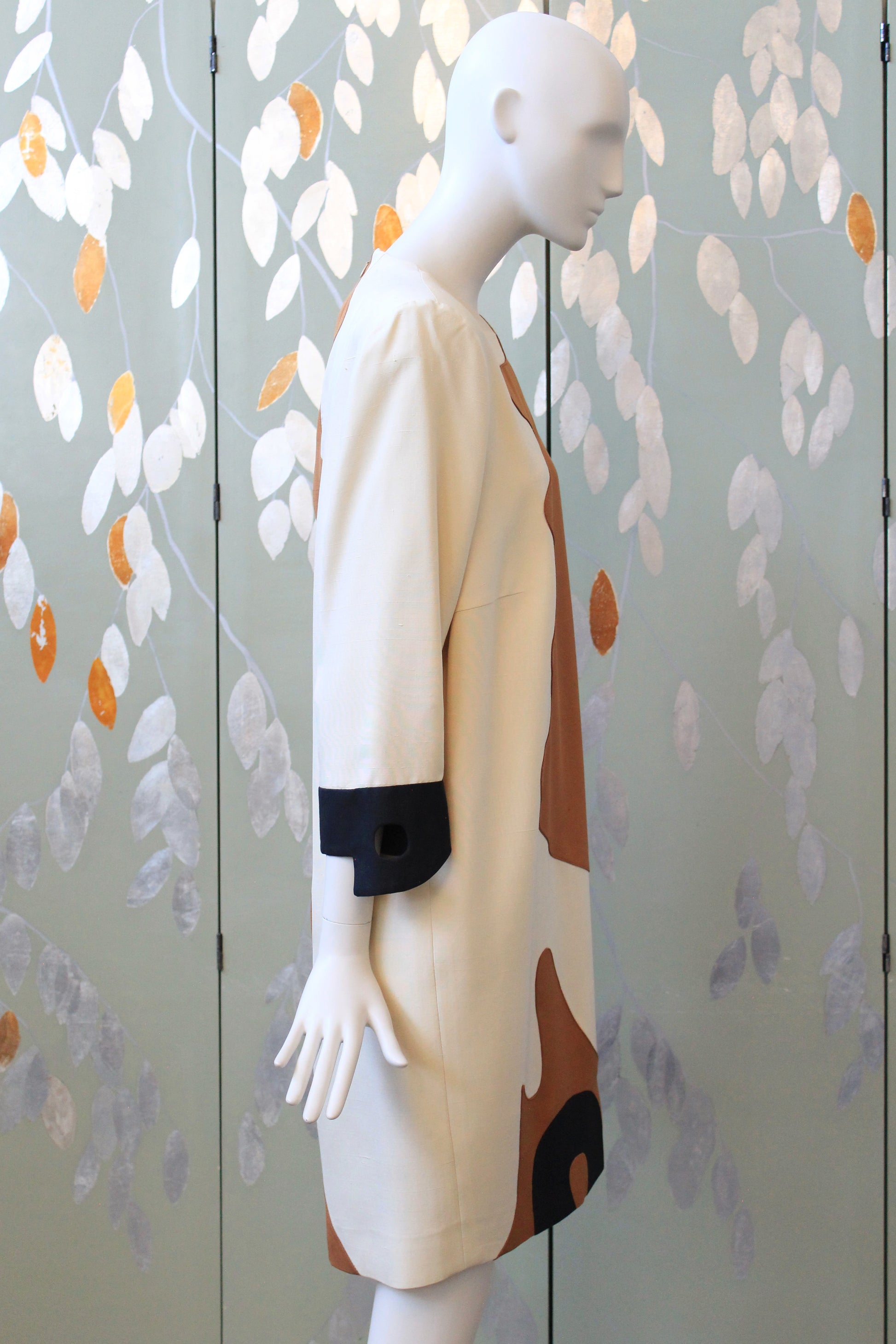 1980s Brown and Cream Graphic Colour Block Shift Dress, Medium