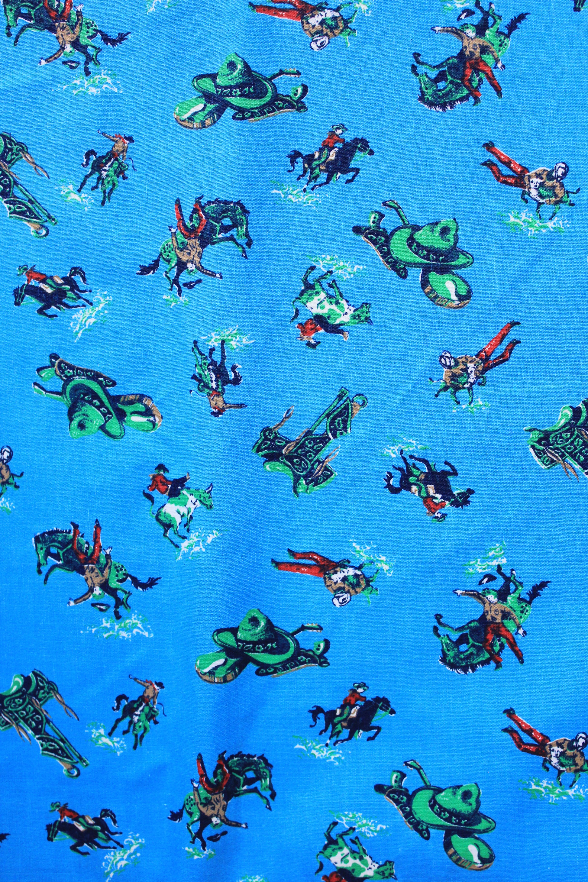 1960s Novelty Western Cowboy Print In Bright Blue Cotton Sewing Fabric, 3.6 Yards