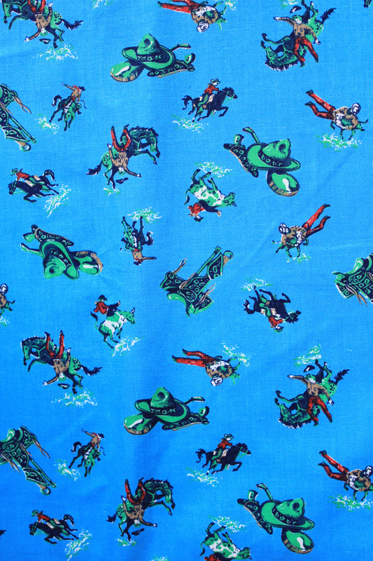 1960s Novelty Western Cowboy Print In Bright Blue Cotton Sewing Fabric, 3.6 Yards