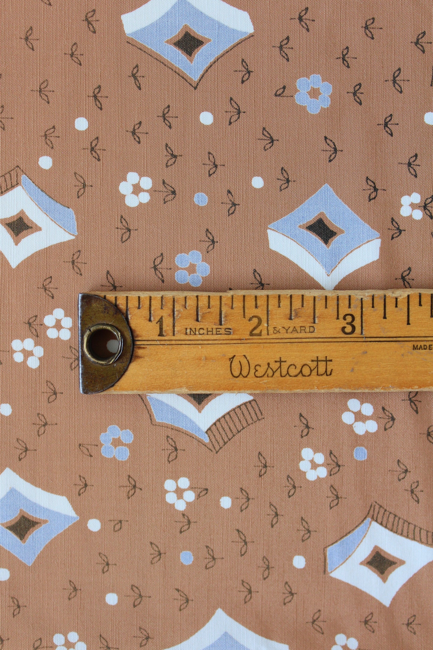 1940s Brown Abstract Square/Diamond And Floral Print Rayon  Fabric, 4 Yards