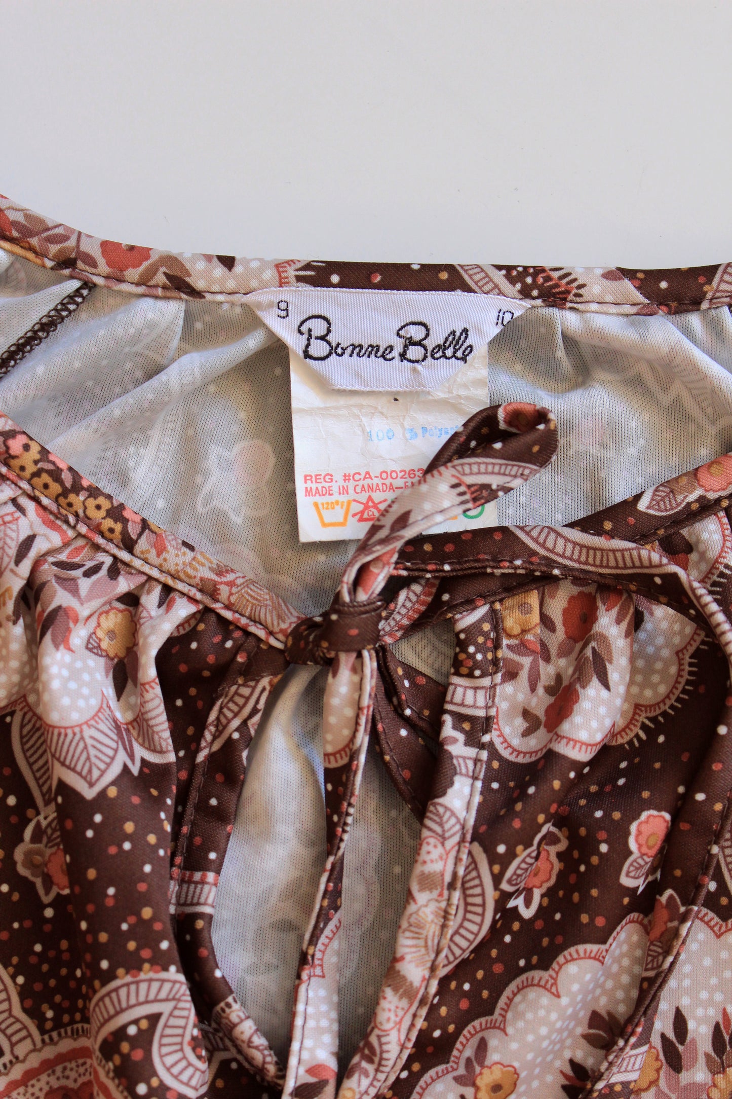 1990s Brown And Blush Paisley Print Long Sleeve Peasant Top, Medium