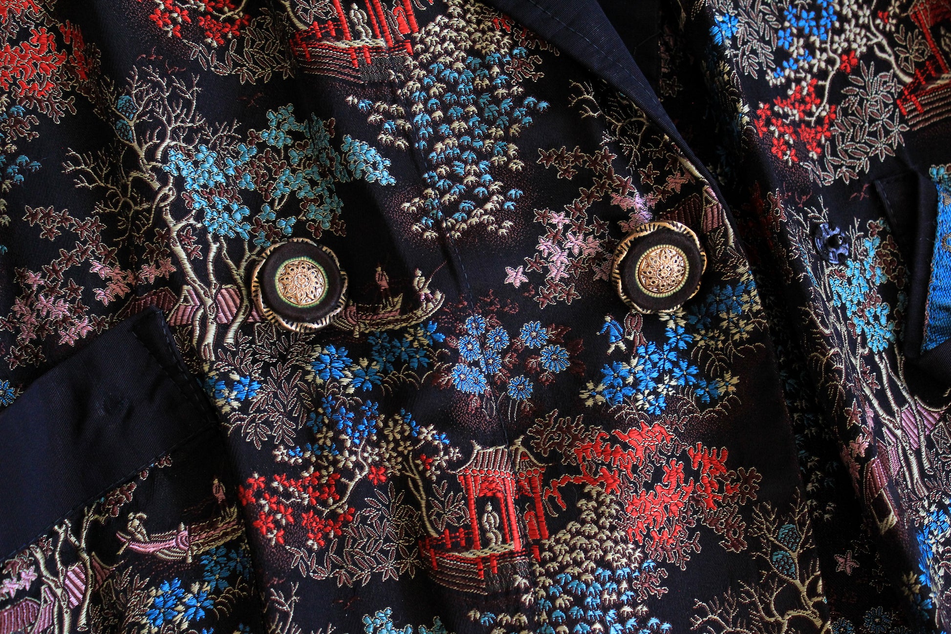 1950s Black Silk Robe With Chinese Flowers Motif, Medium