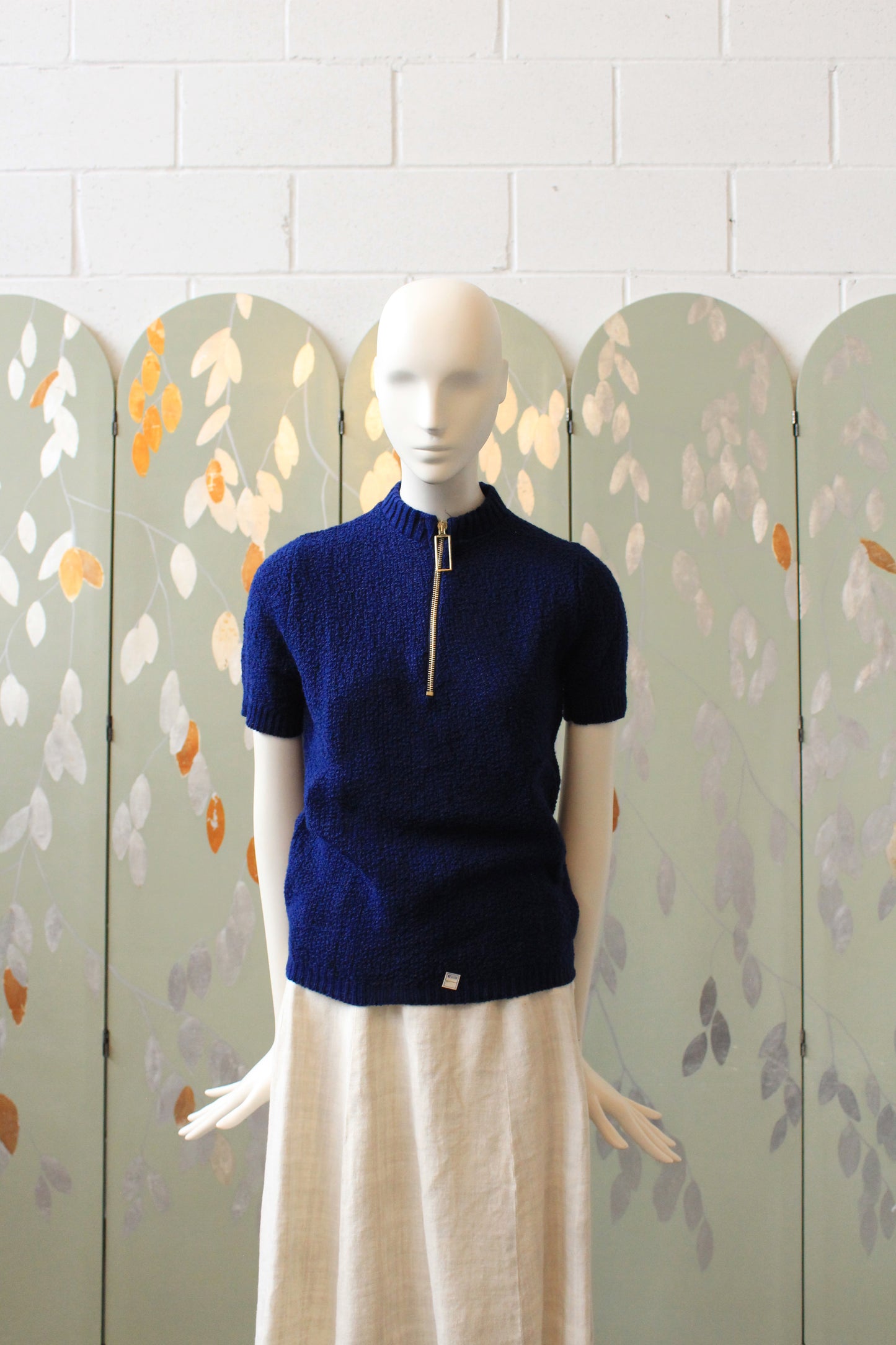 1970s Deadstock Short Sleeve Navy Blue Acrylic Knit Top With Zipper, Small