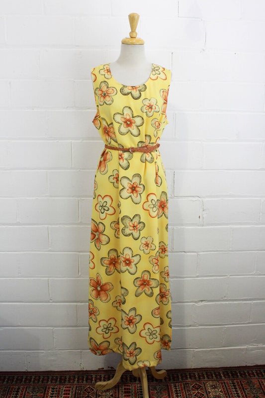 90s Yellow Floral Maxi Dress, XL