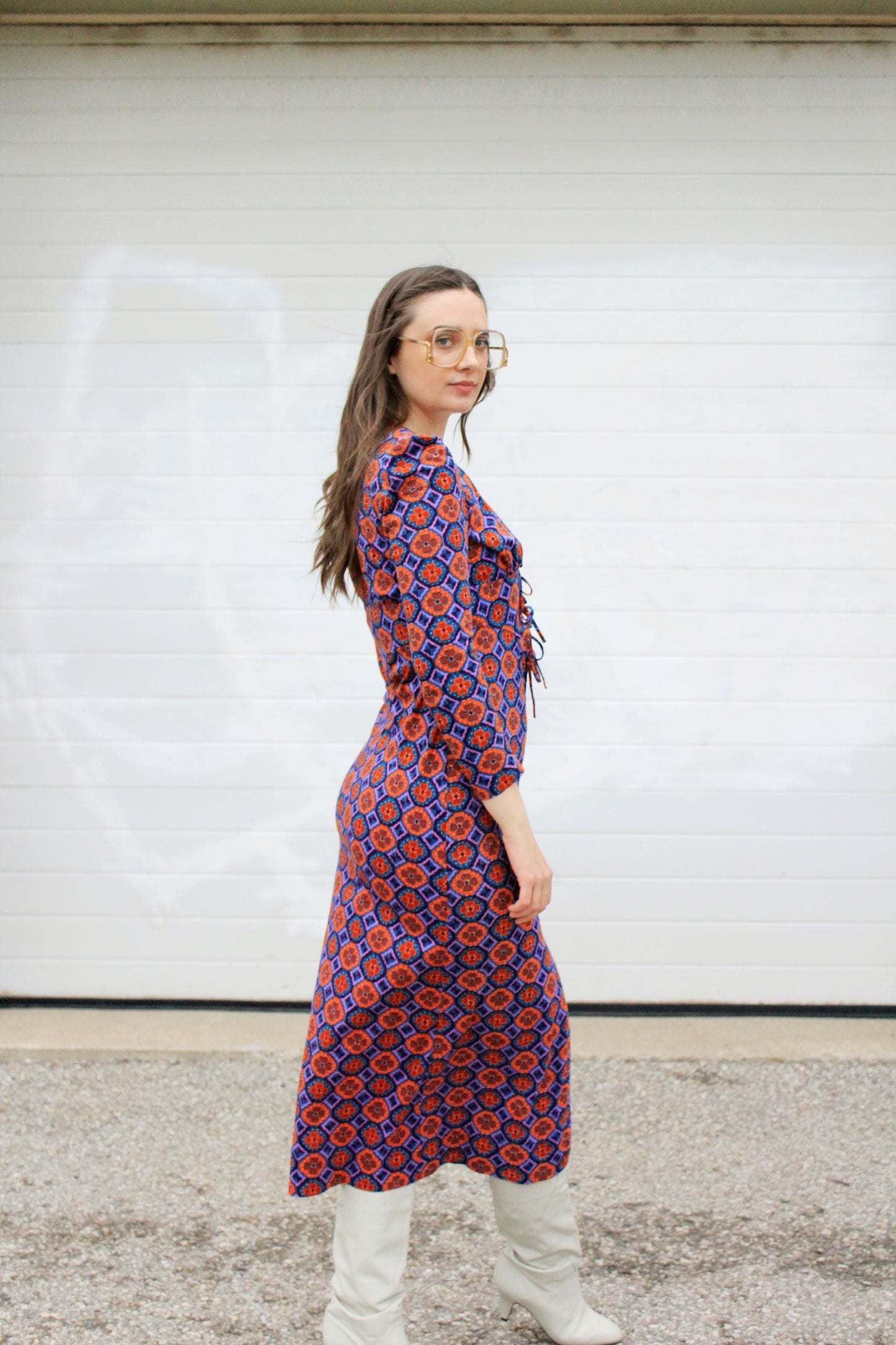 Vintage 1970s Purple and Orange Patterned Long Sleeve Lace-Up Front Maxi Dress, Small