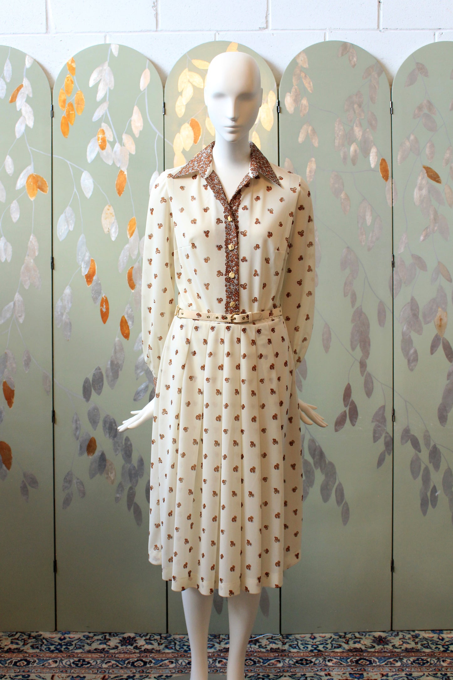 Early 1980s Cream Long Sleeve Pleated Dress With Brown Circle Details And Matching Belt, Small