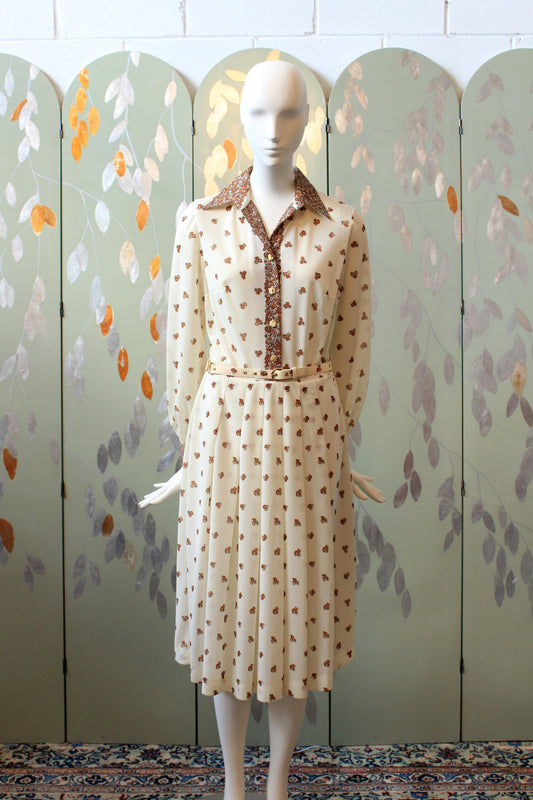 Early 1980s Cream Long Sleeve Pleated Dress With Brown Circle Details And Matching Belt, Small