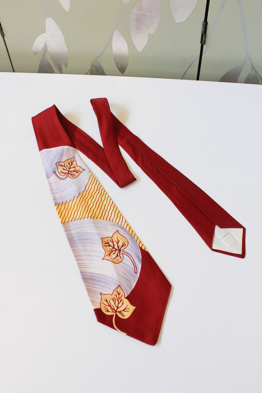 Vintage Late 1940s Burgundy And Mustard Leaf Hand-Painted Tie