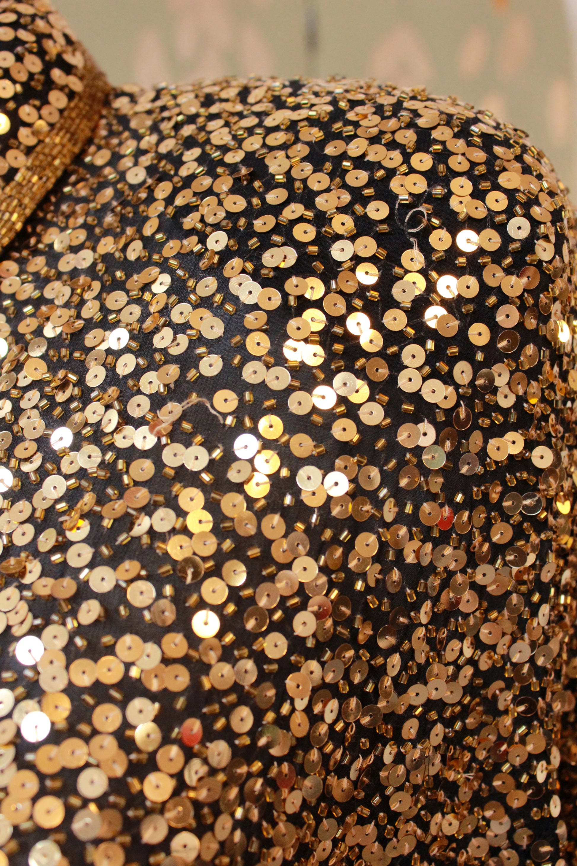 Vintage 1980s Oleg Cassini Gold Sequin Body Suit, M/L