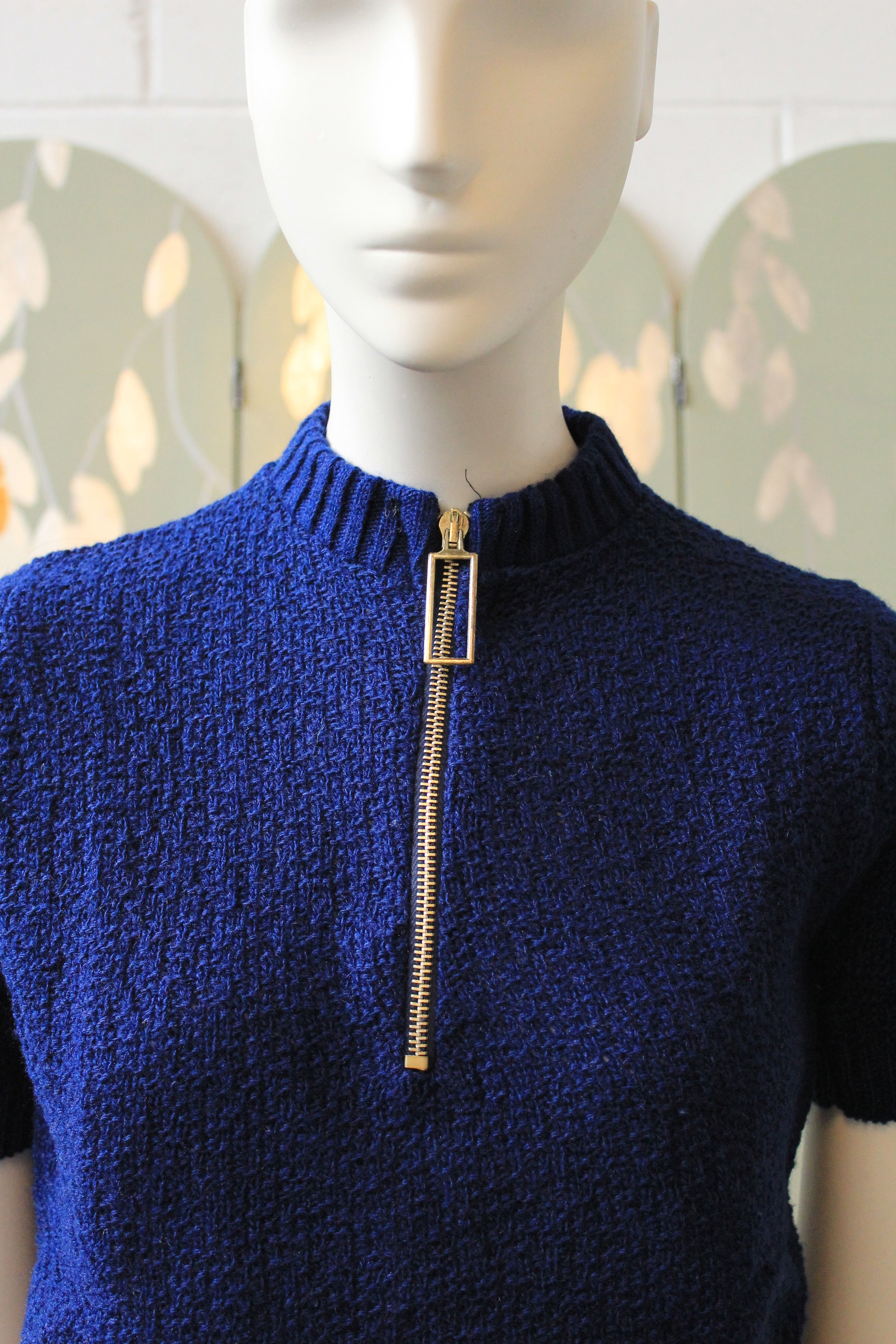 1970s Deadstock Short Sleeve Navy Blue Acrylic Knit Top With Zipper, Small