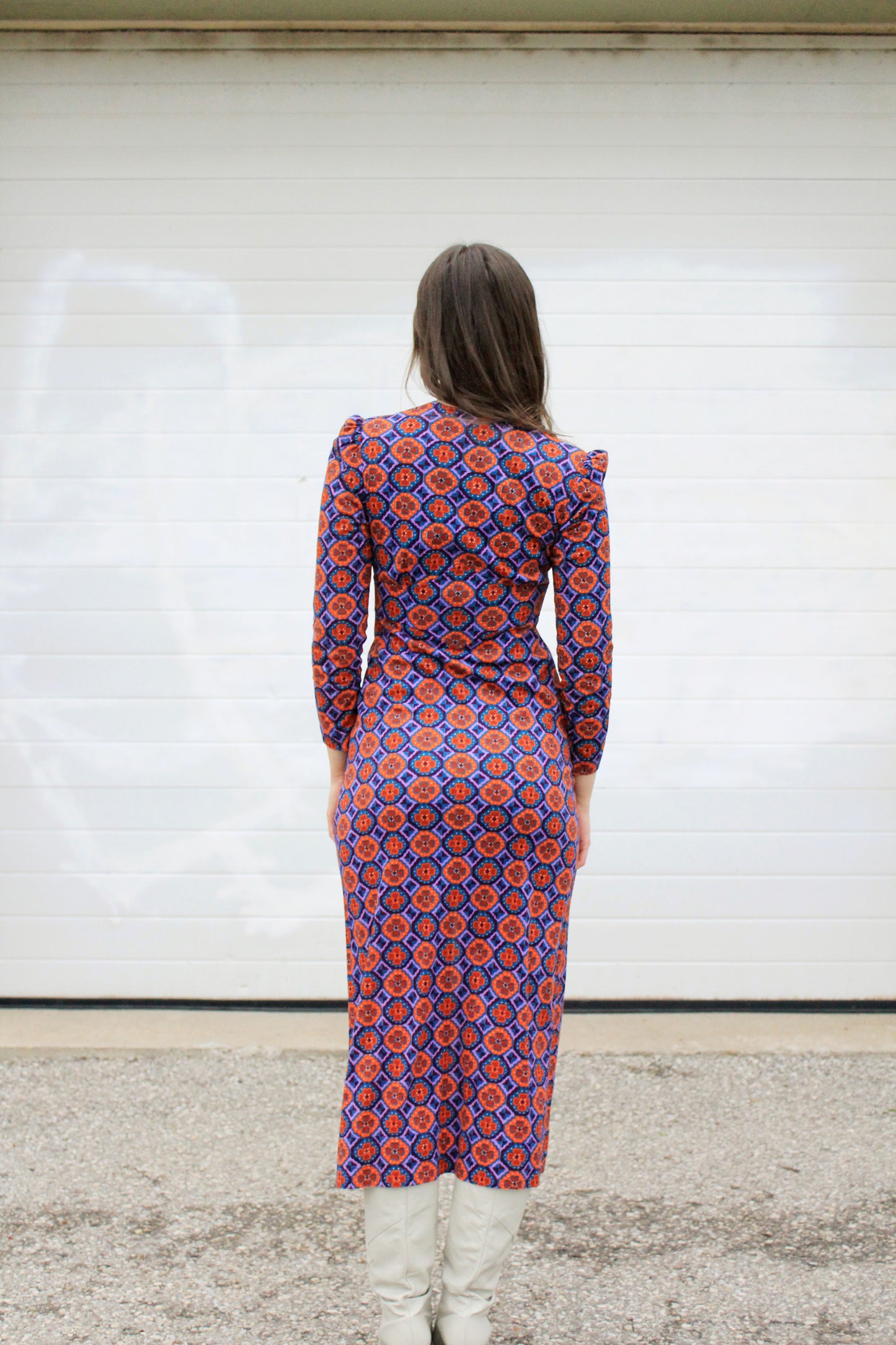 Vintage 1970s Purple and Orange Patterned Long Sleeve Lace-Up Front Maxi Dress, Small