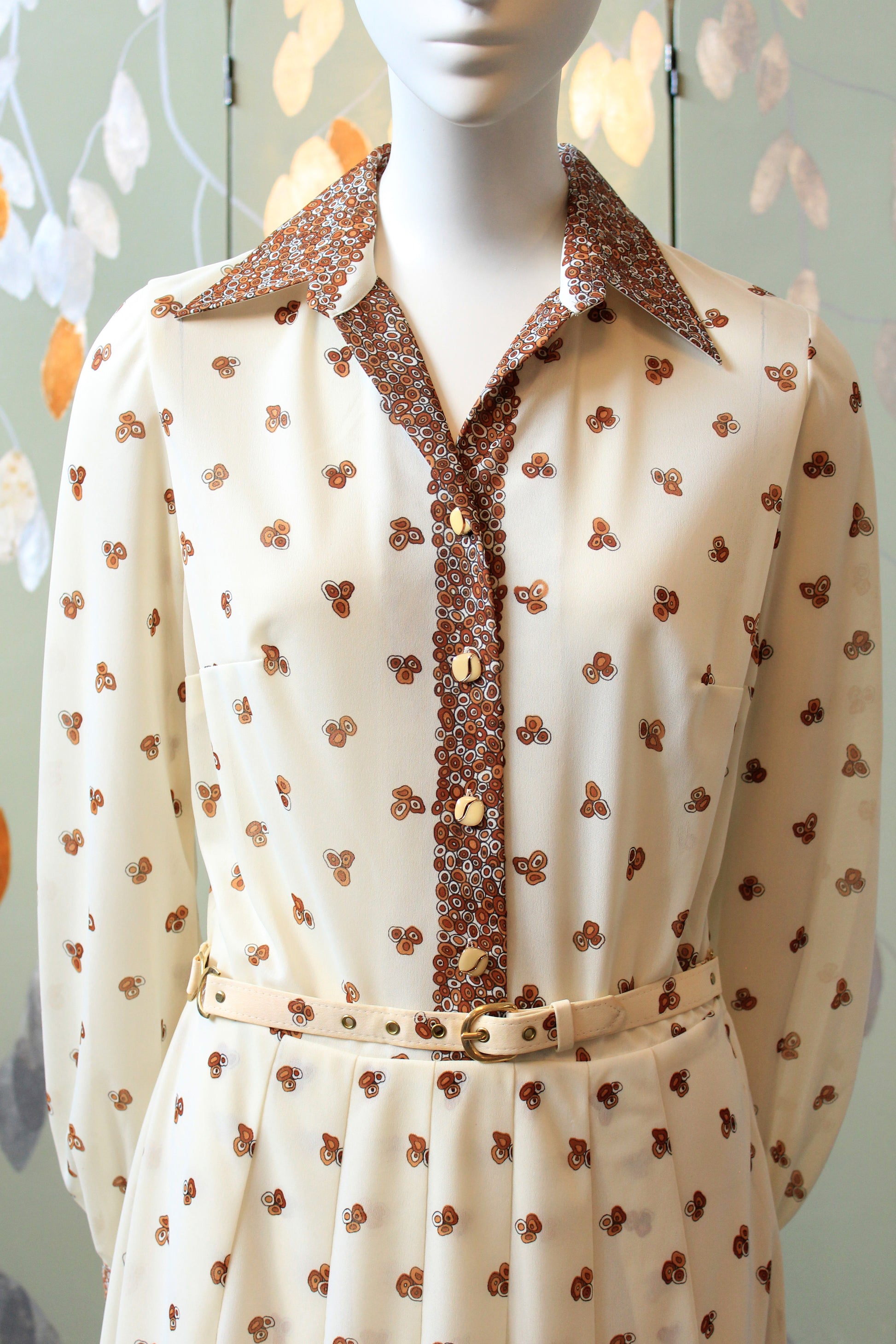 Early 1980s Cream Long Sleeve Pleated Dress With Brown Circle Details And Matching Belt, Small