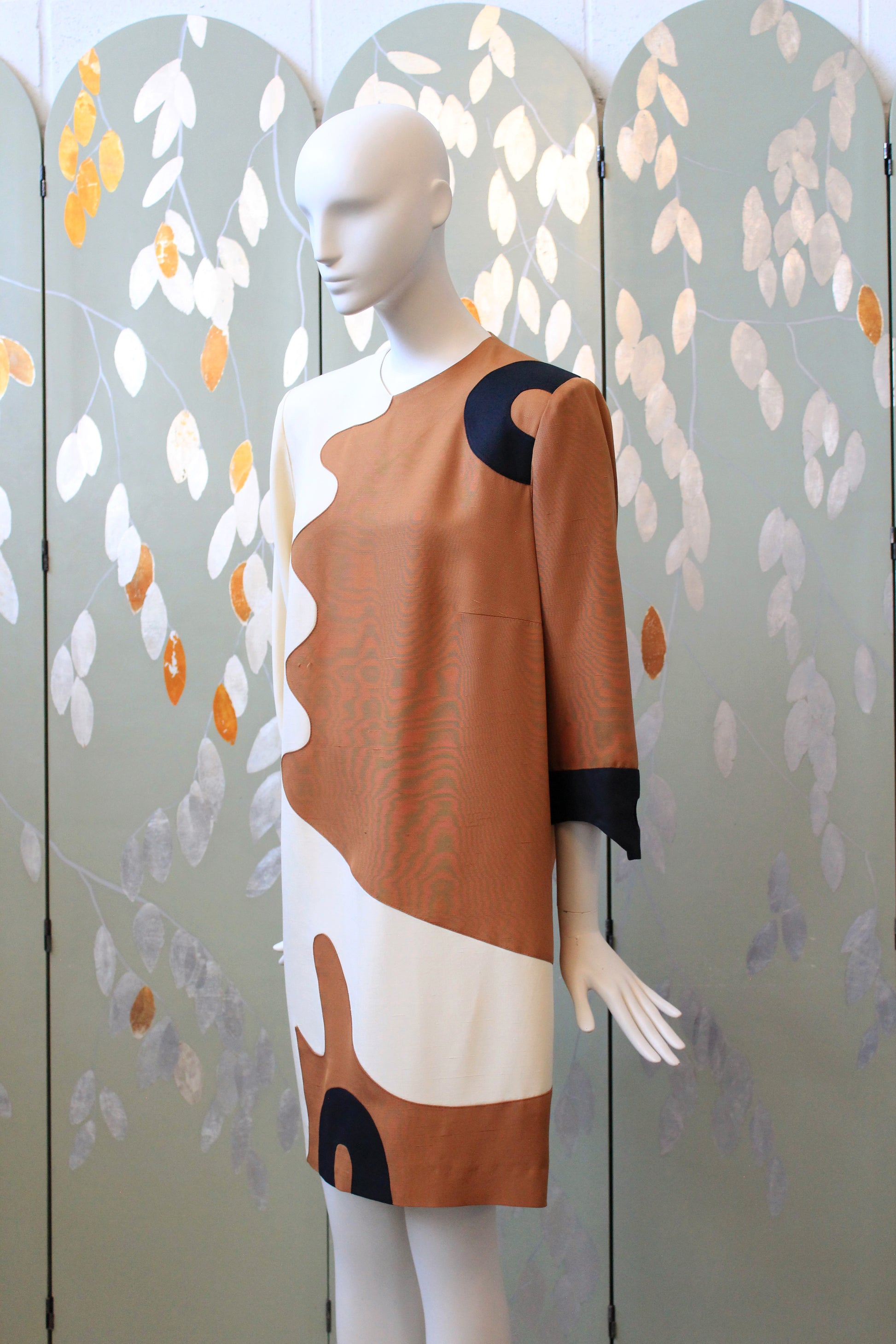 1980s Brown and Cream Graphic Colour Block Shift Dress, Medium