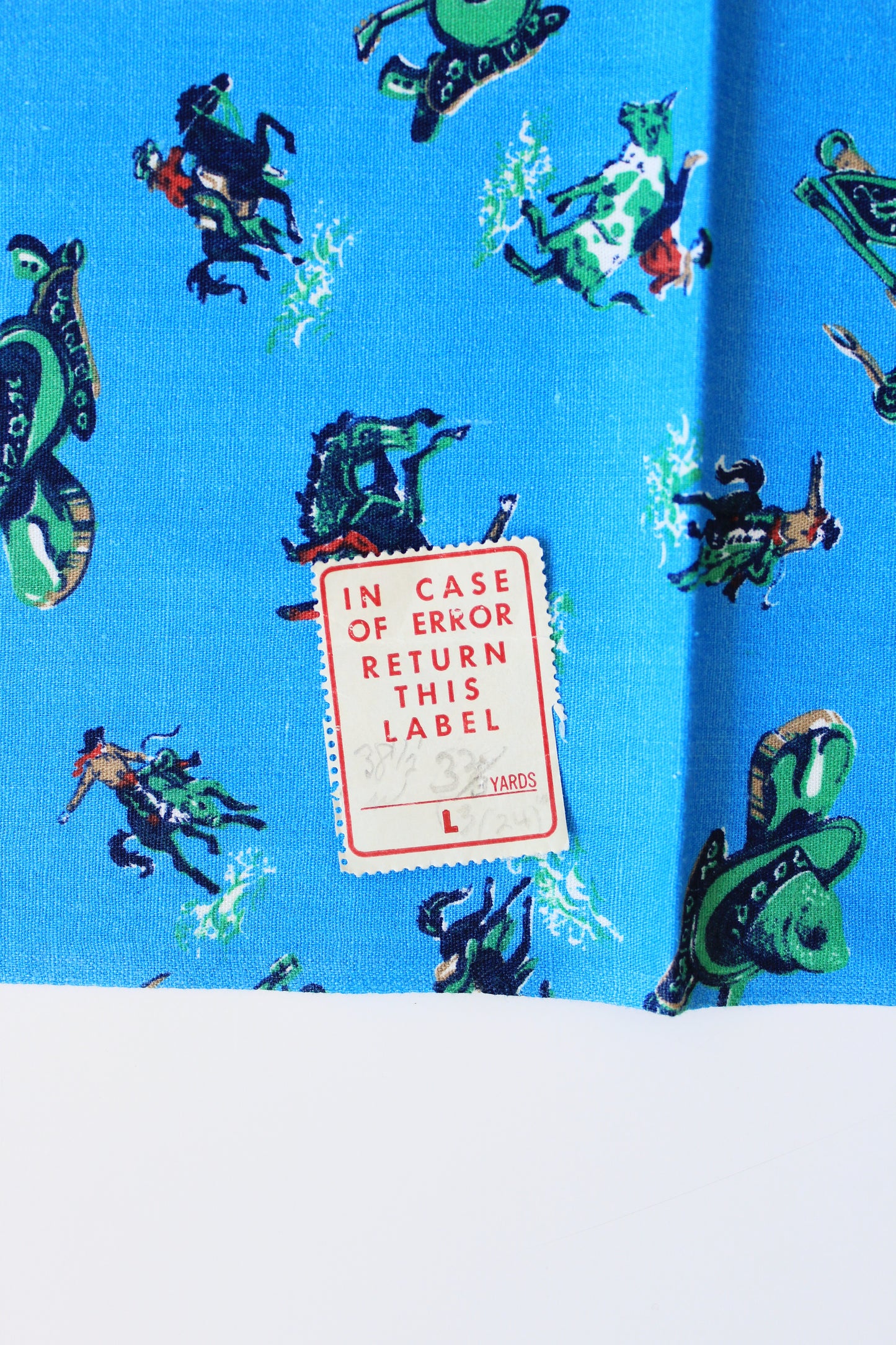 1960s Novelty Western Cowboy Print In Bright Blue Cotton Sewing Fabric, 3.6 Yards