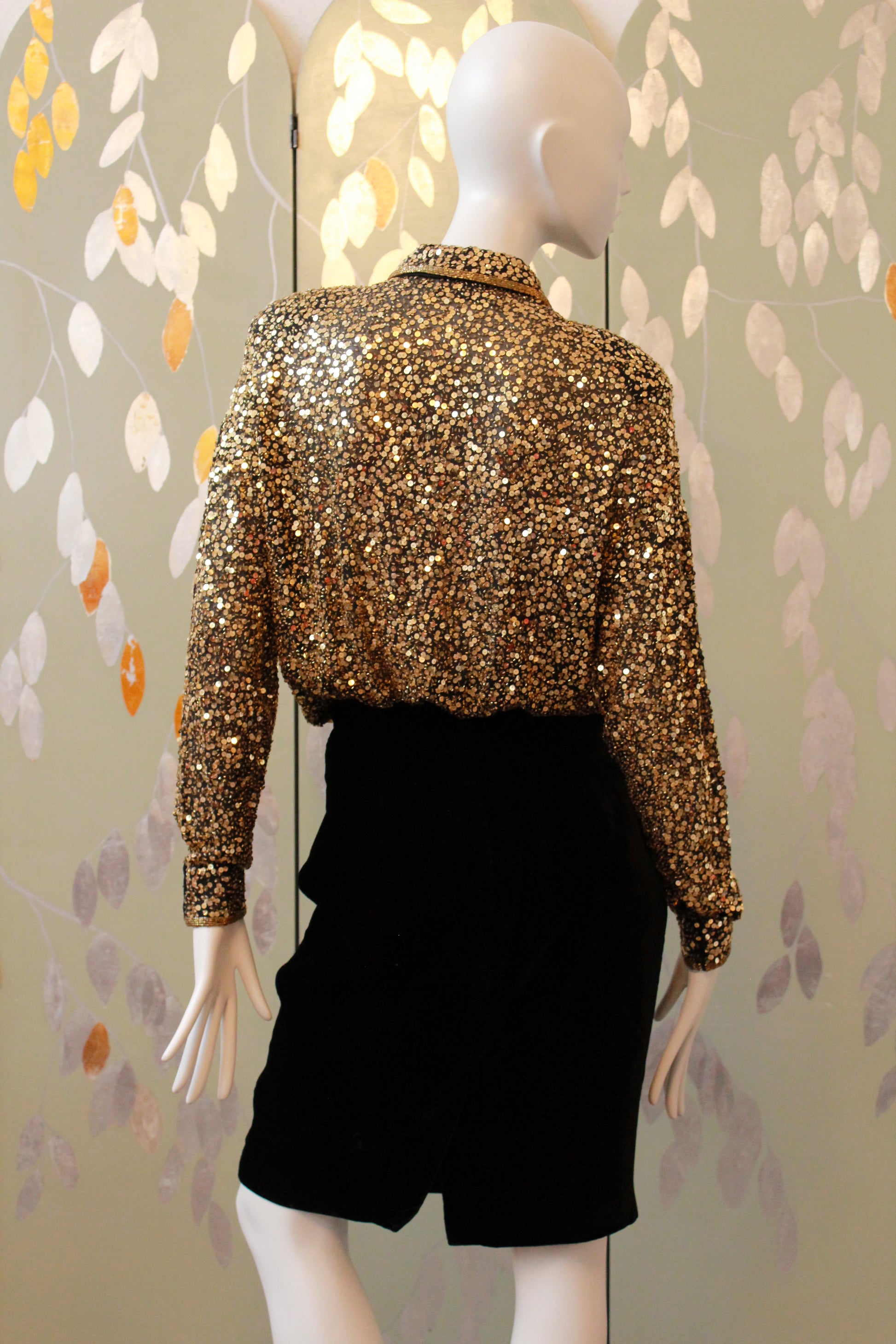 Vintage 1980s Oleg Cassini Gold Sequin Body Suit, M/L