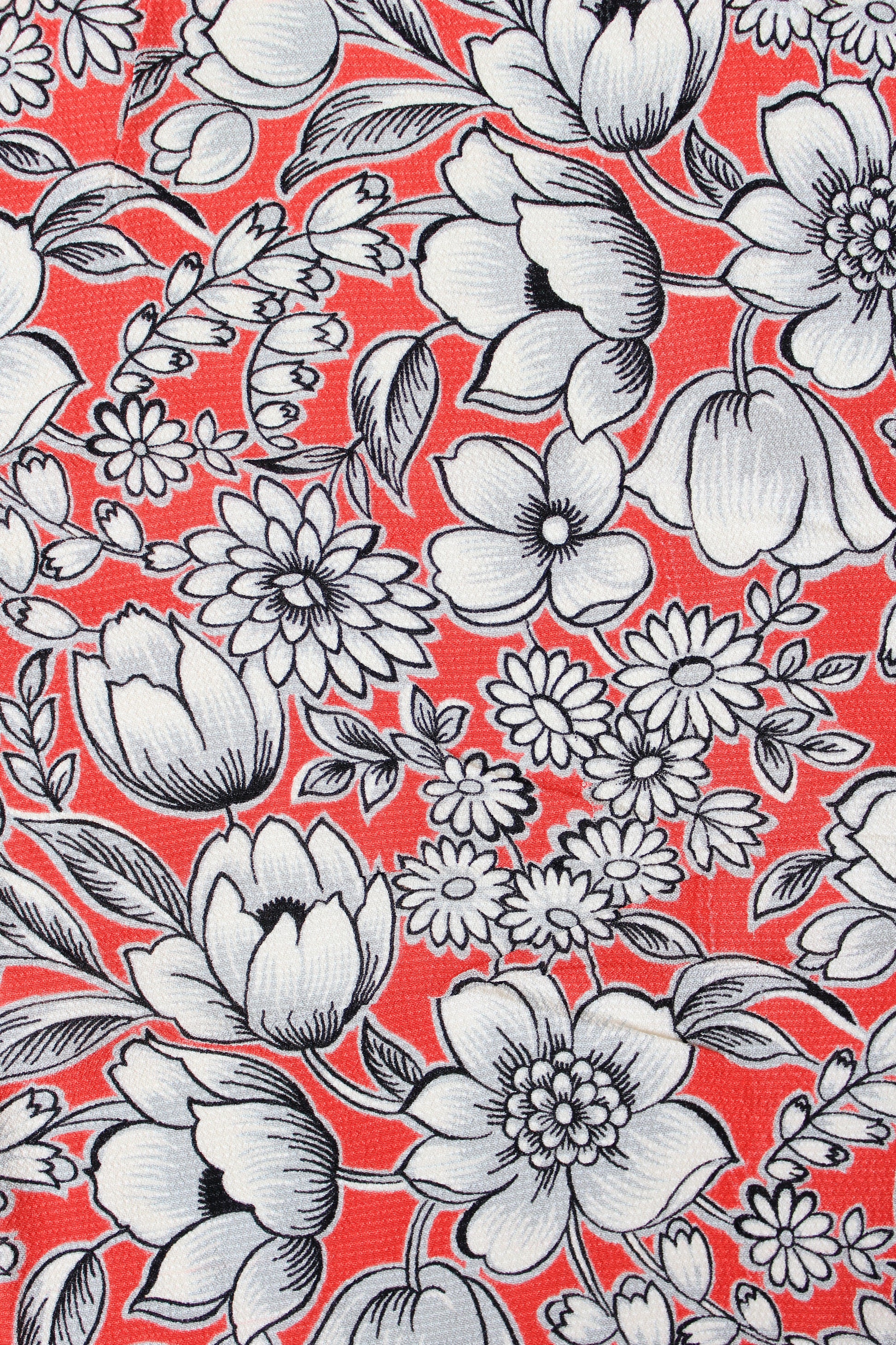1940s Coral White And Black Floral Print Rayon Sewing Fabric, 2.25 Yards