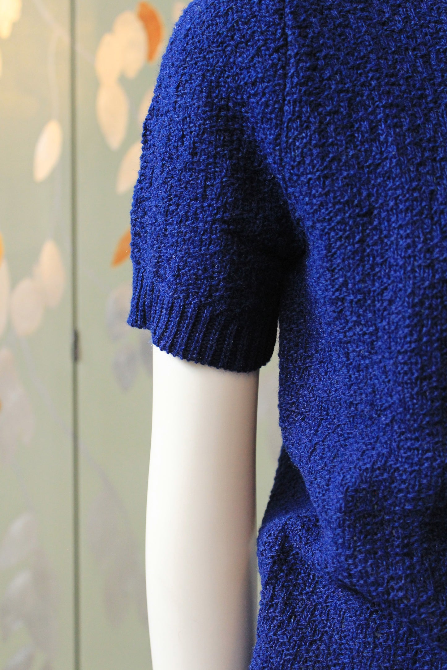 1970s Deadstock Short Sleeve Navy Blue Acrylic Knit Top With Zipper, Small