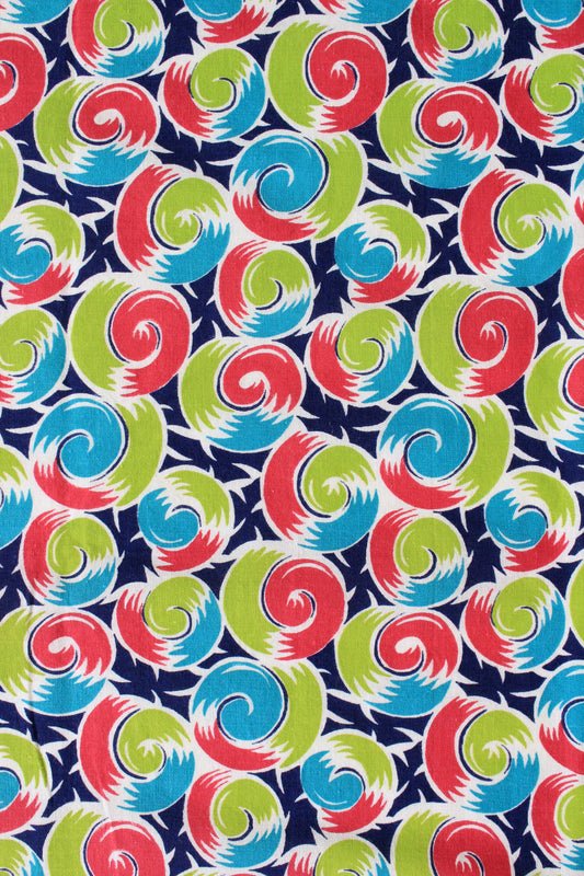 Late 1940s Multicoloured Swirl Print Pattern In Green, Pink And Navy, Multiple Pieces Available