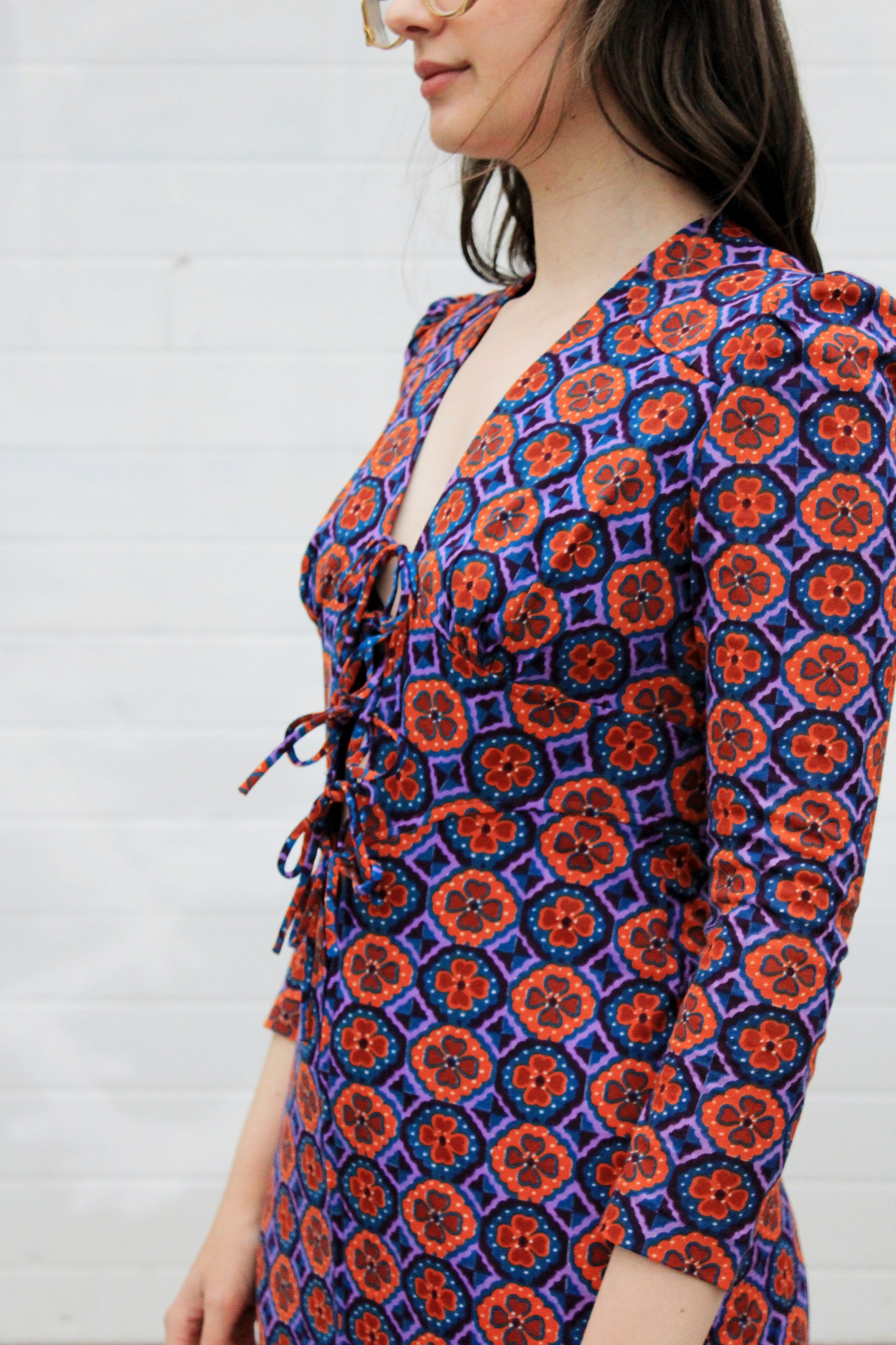 Vintage 1970s Purple and Orange Patterned Long Sleeve Lace-Up Front Maxi Dress, Small