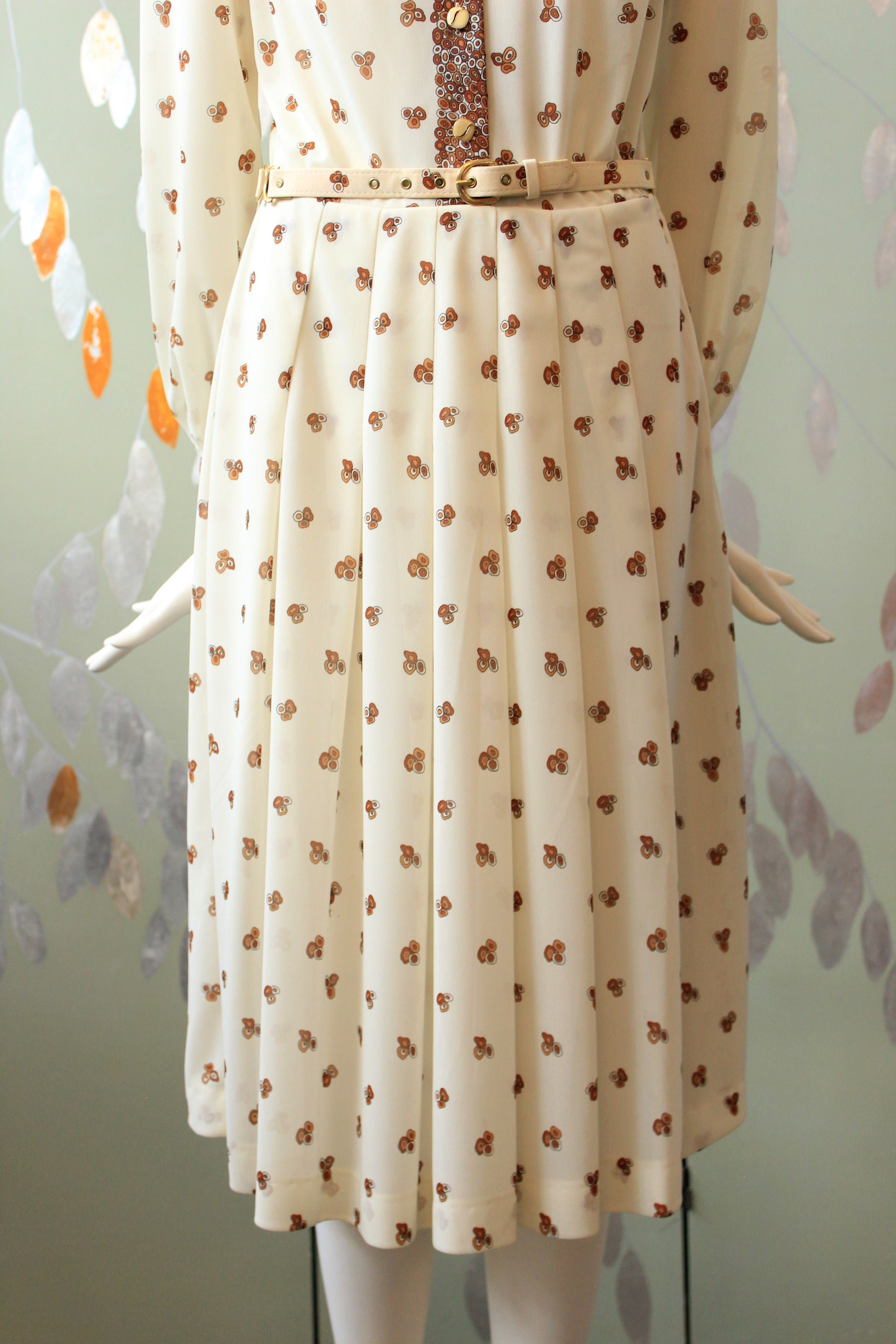 Early 1980s Cream Long Sleeve Pleated Dress With Brown Circle Details And Matching Belt, Small
